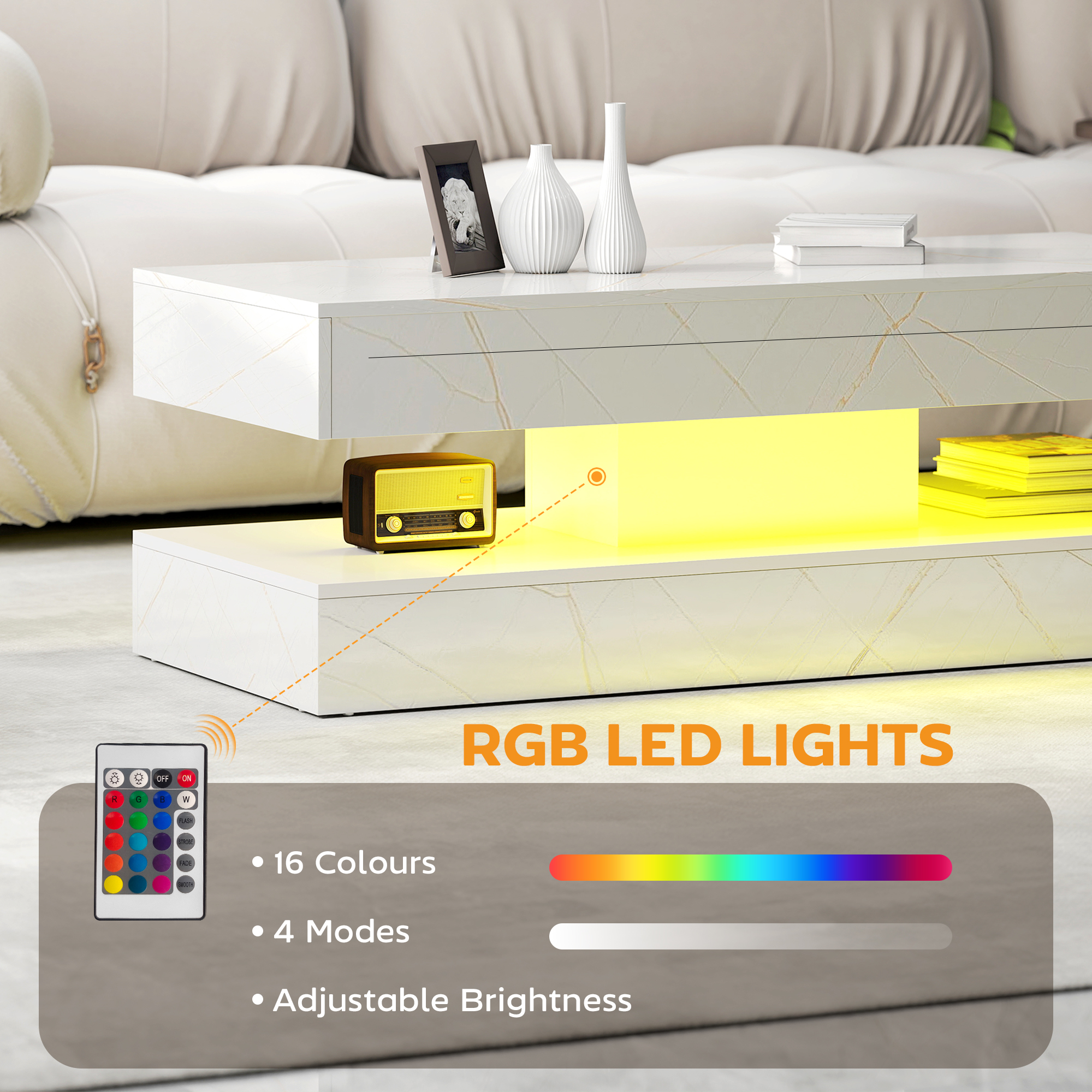 Coffee Table with Adjustable LED Lights, Center Table with 2 Drawers, Open Shelf, Remote, High Gloss Marble-Effect White - Image 2