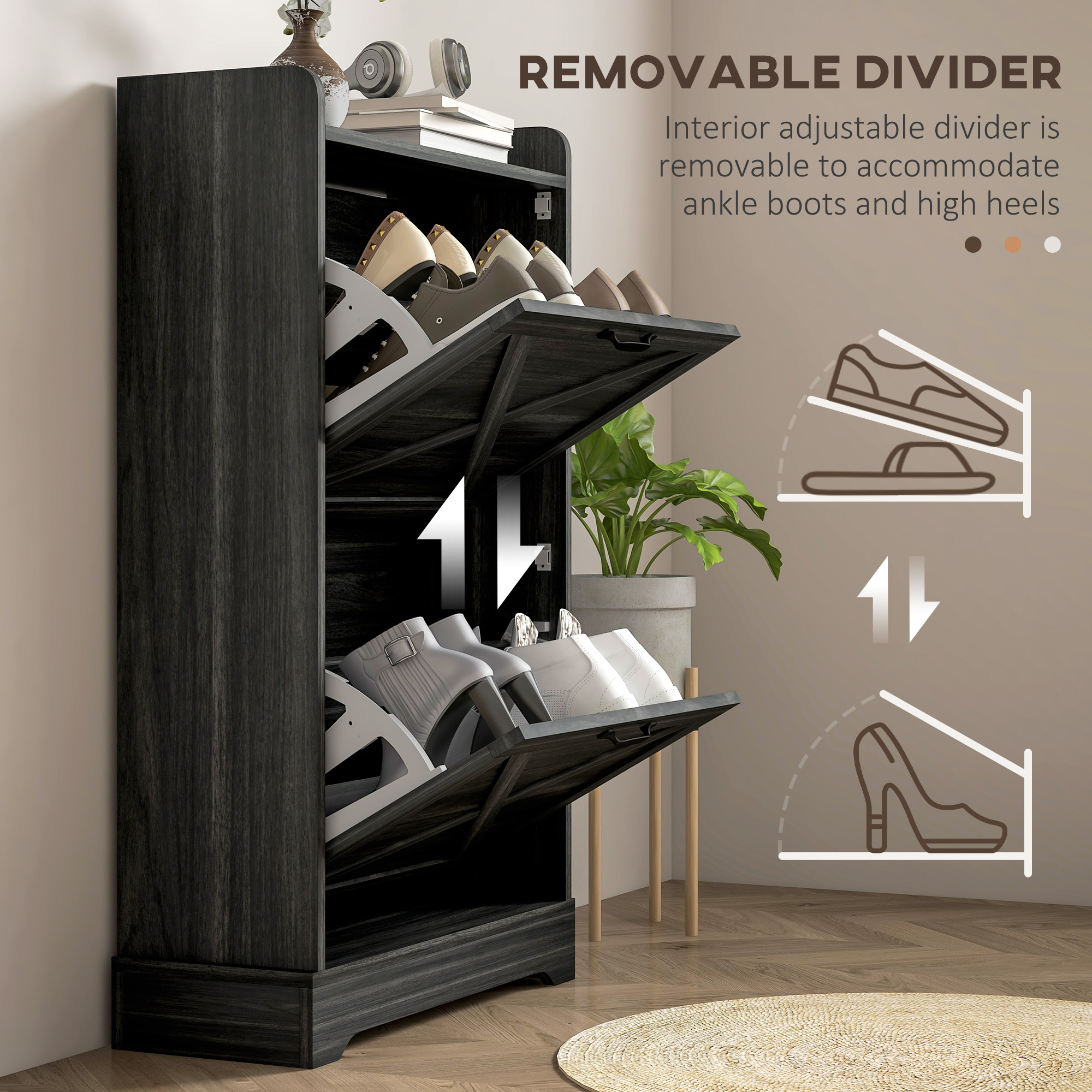 Slim Shoe Storage Cabinet, Farmhouse Shoe Cabinet with 2 Flip Drawers, Adjustable Shelves for 8 Pairs, Distressed Grey - Image 5