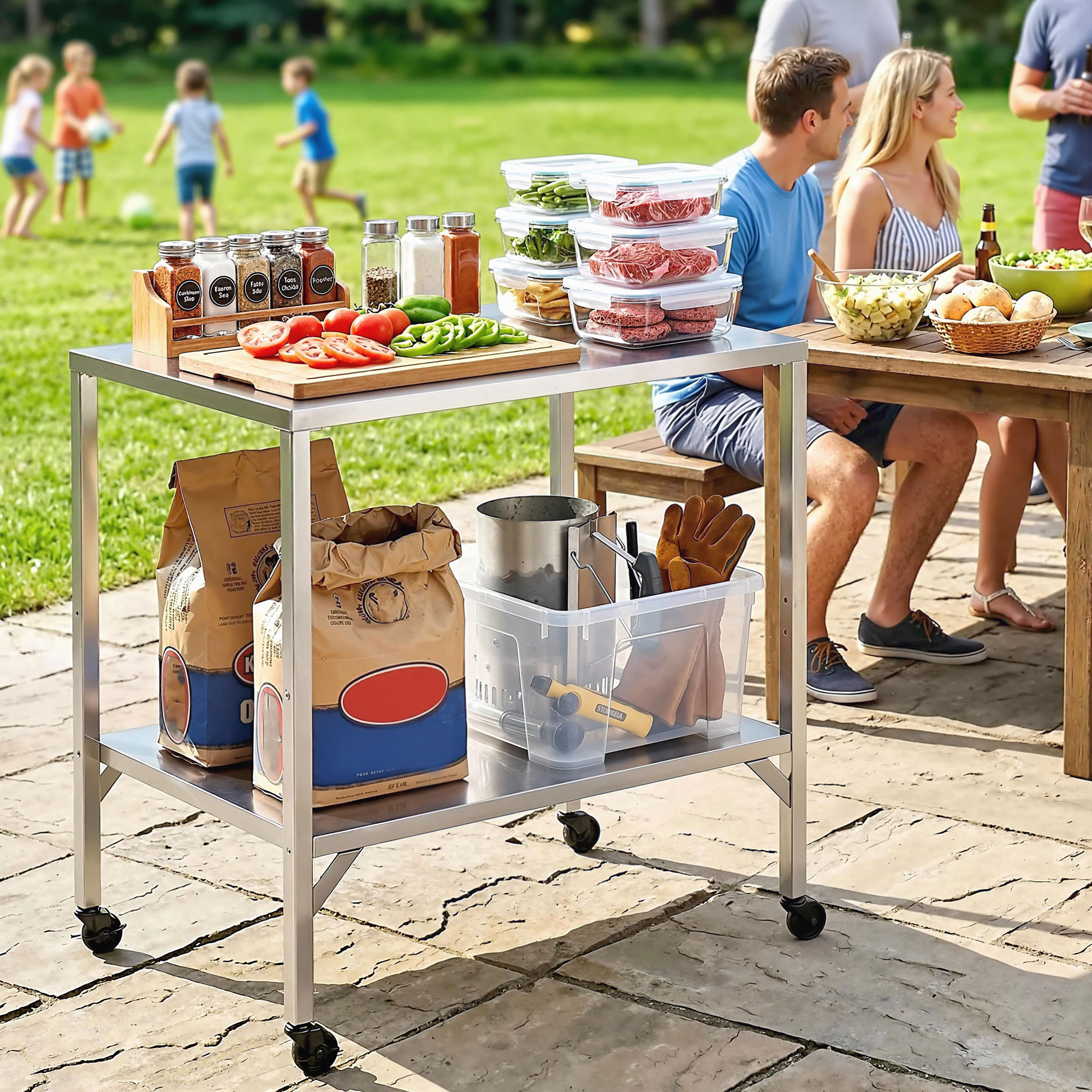 Outdoor Grill Cart with Stainless Steel Tabletop, Pizza Oven Stand with Shelf, Lockable Wheels, Rolling BBQ Table - Image 6