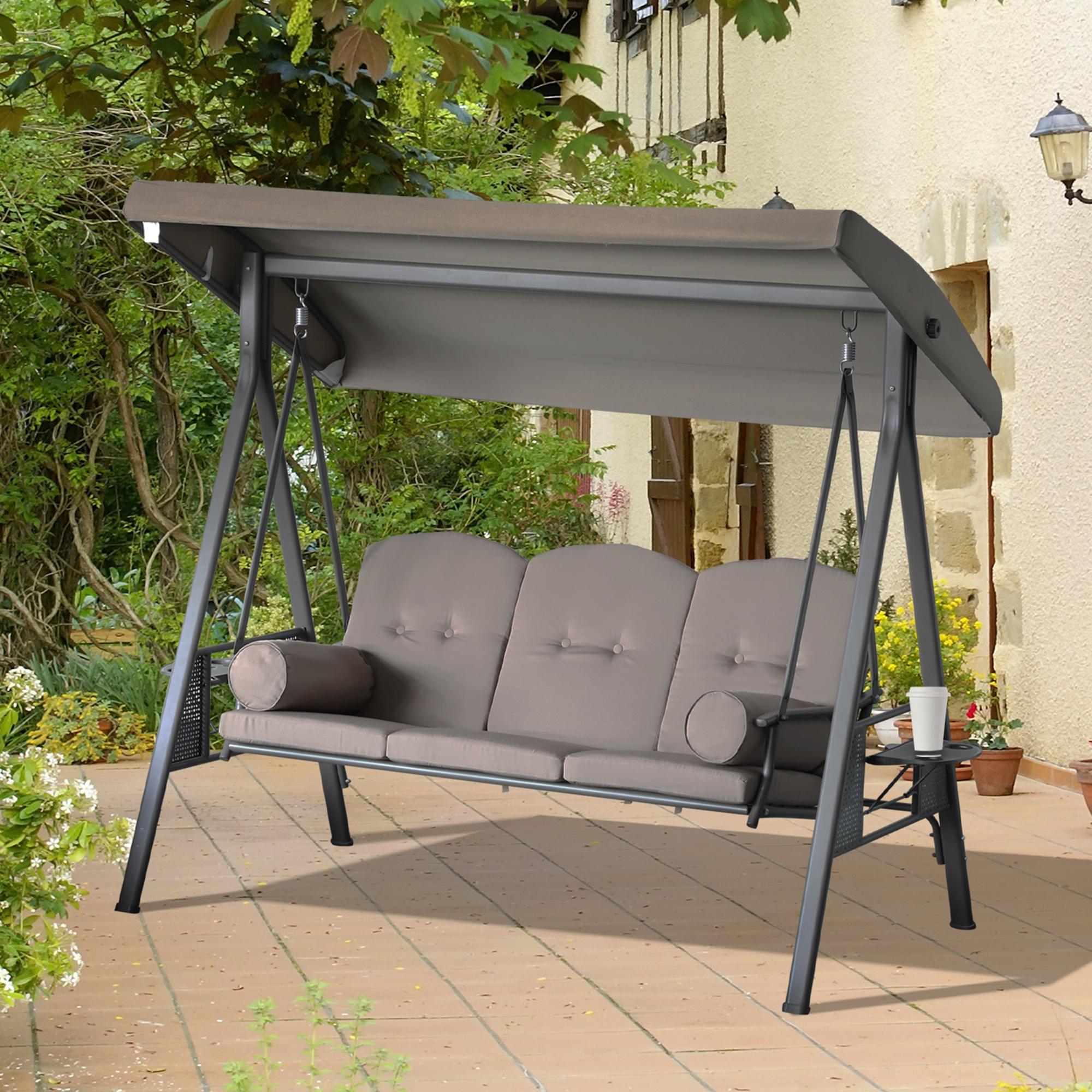 3 Seater Porch Swing Heavy Duty Outdoor Swing Chair Outdoor Lounge Hammock Cushioned Seat W/ Tilt Canopy, Brown - Image 6