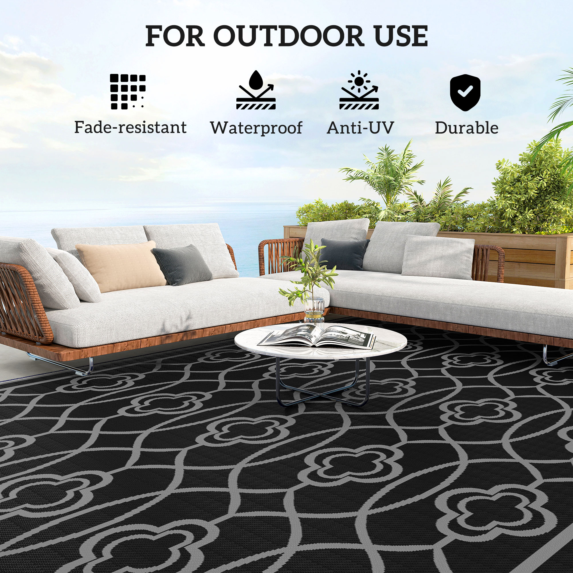 9' x 18' Outdoor RV Rug, Reversible Patio Floor Mat with Carry Bag, Lantern, Black and Grey - Image 4