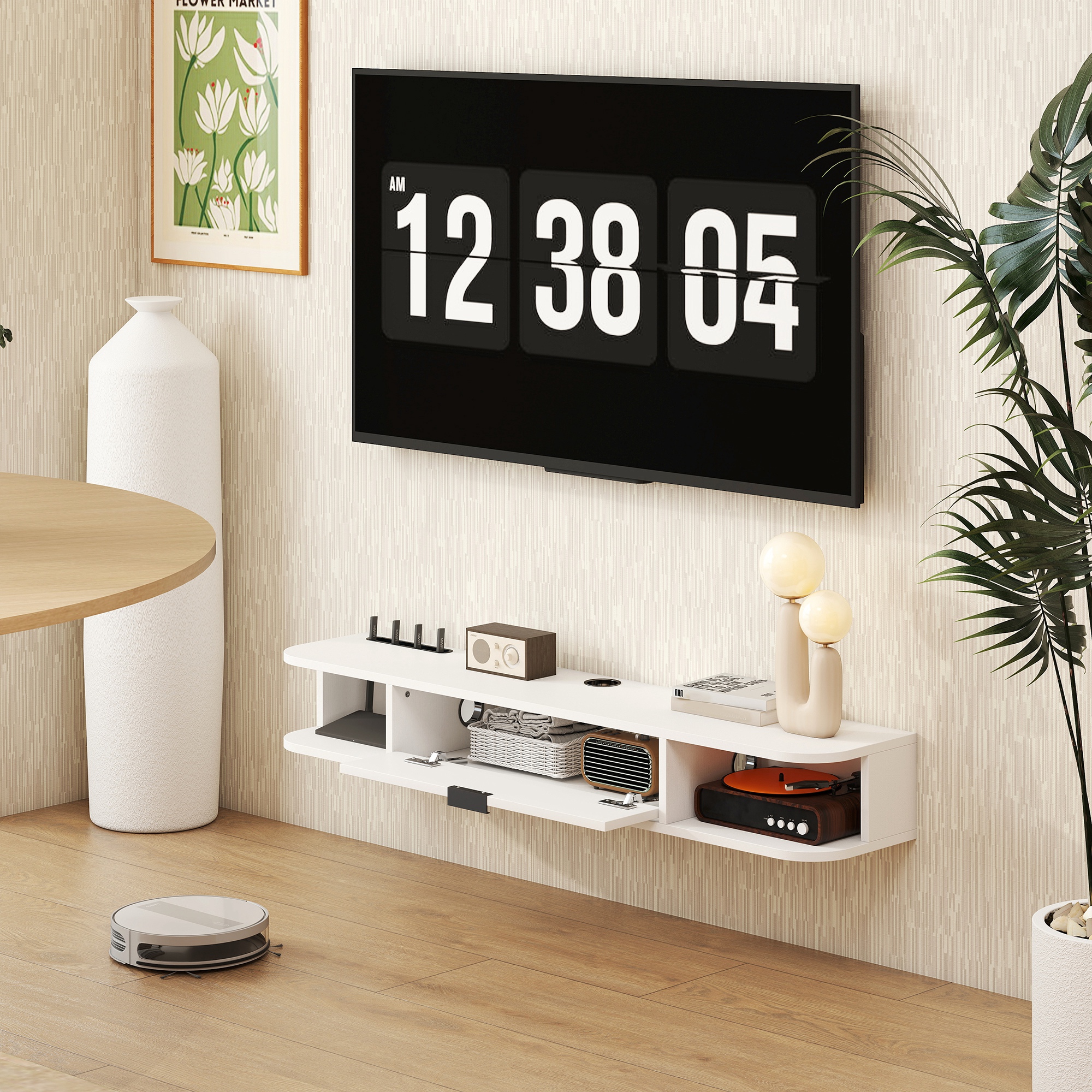 47" Floating TV Stand for TVs up to 50 Inch, Wall Mounted Media Console with Flip Drawer and 2 Open Shelves, White - Image 6