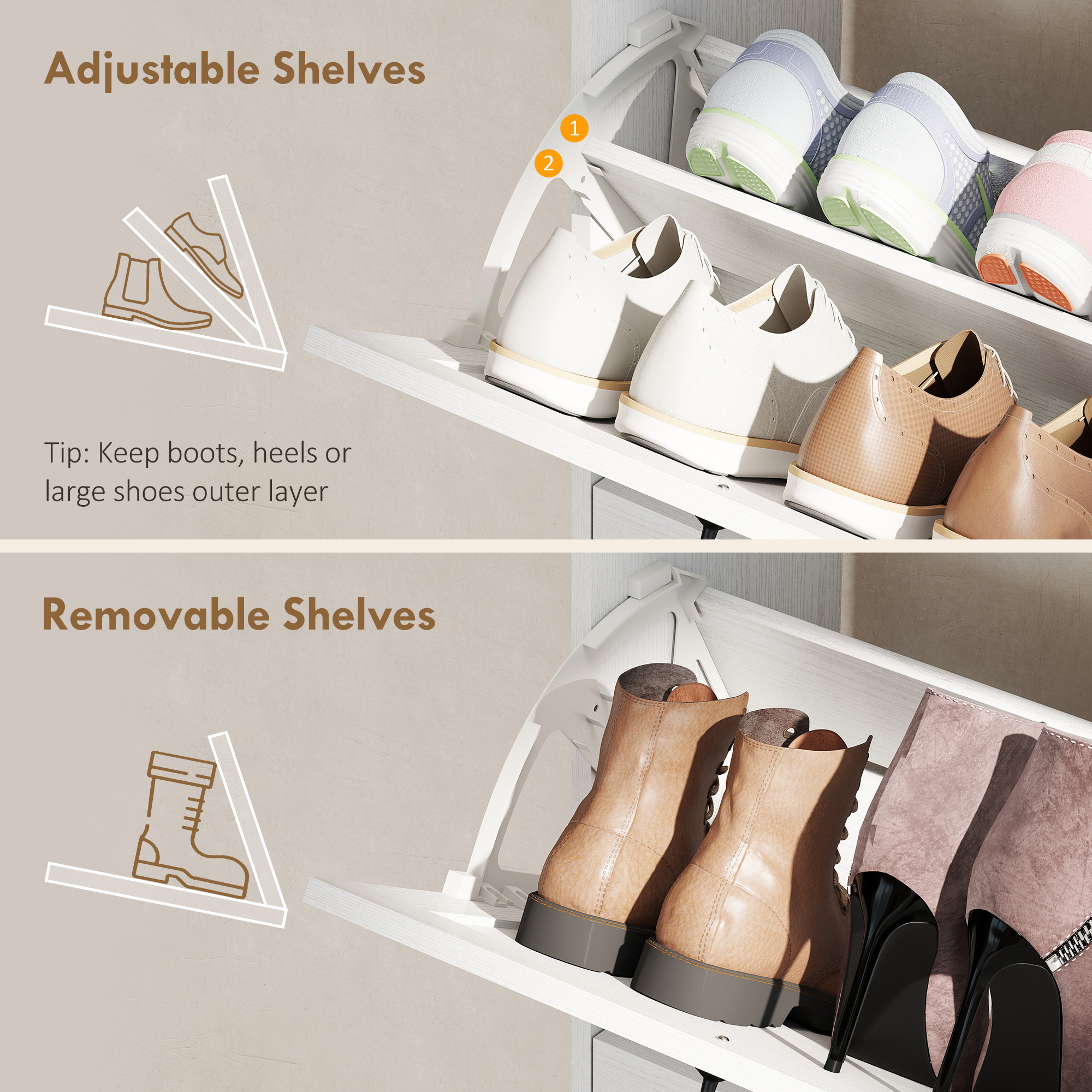Farmhouse Shoe Storage Cabinet with Side Cabinet and Adjustable Shelves for Entryway, Hallway, Holds 12 Pairs, White - Image 3