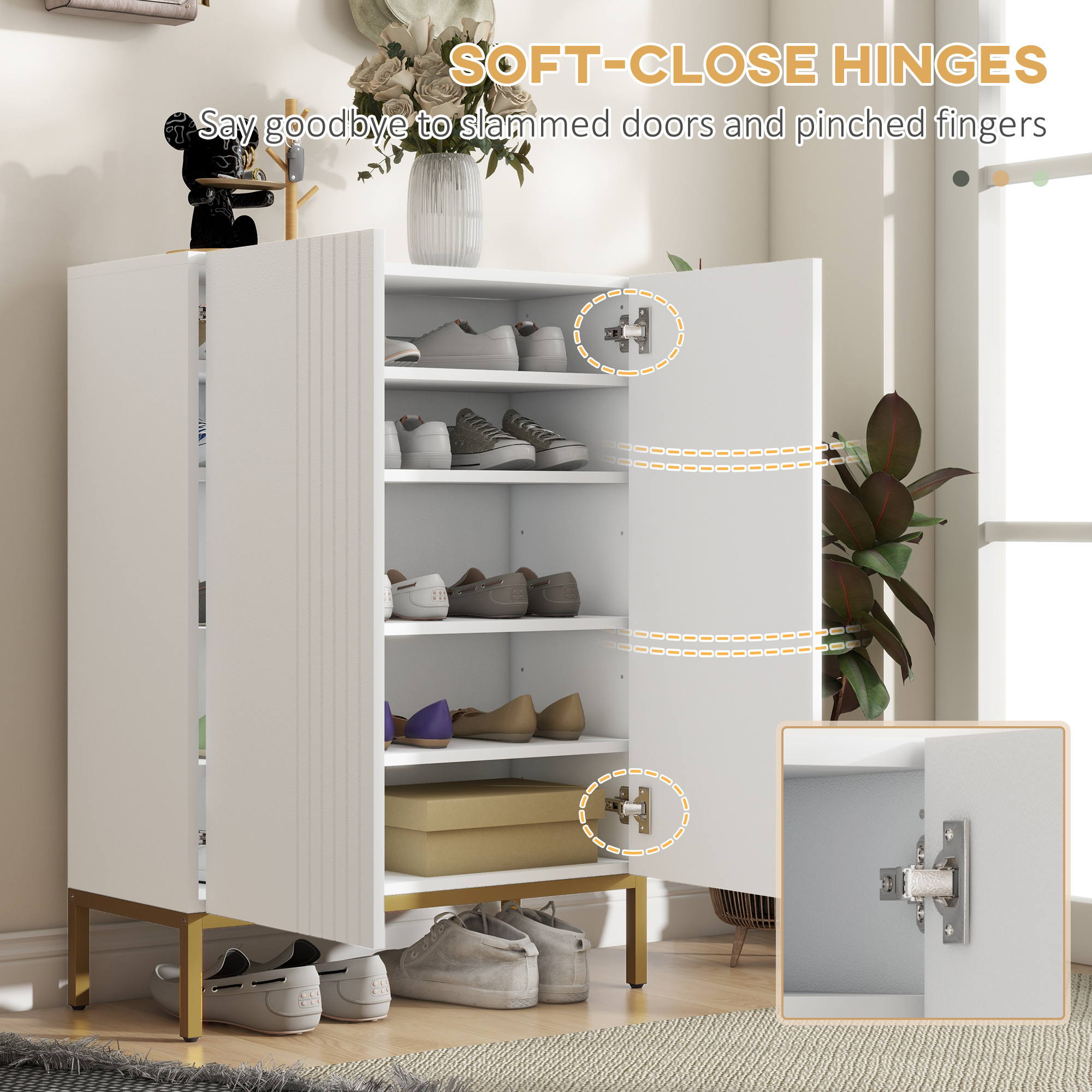 Shoe Storage Cabinet with Adjustable Shelves and Soft-Close Hinges, for 15-20 Pairs of Shoes, White - Image 3