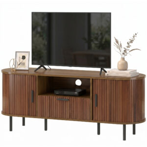 TV Stand for TVs up to 60", Modern Entertainment Center with Curved Sliding Doors and Storage, Brown