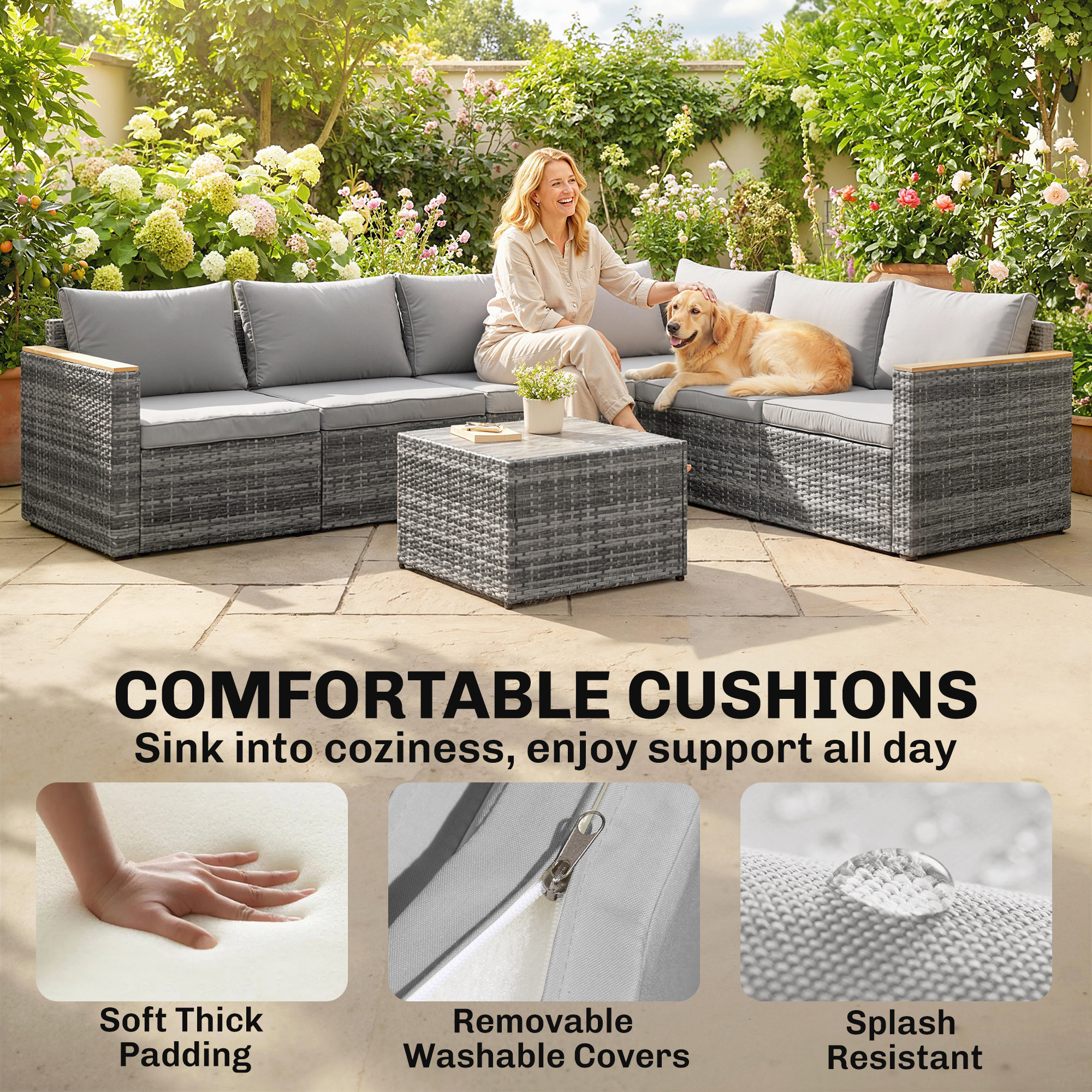 7 Piece Patio Furniture Set, L-Shaped Wicker Outdoor Sectional Sofa with Faux Wood Coffee Table, Cushions, Light Grey - Image 4