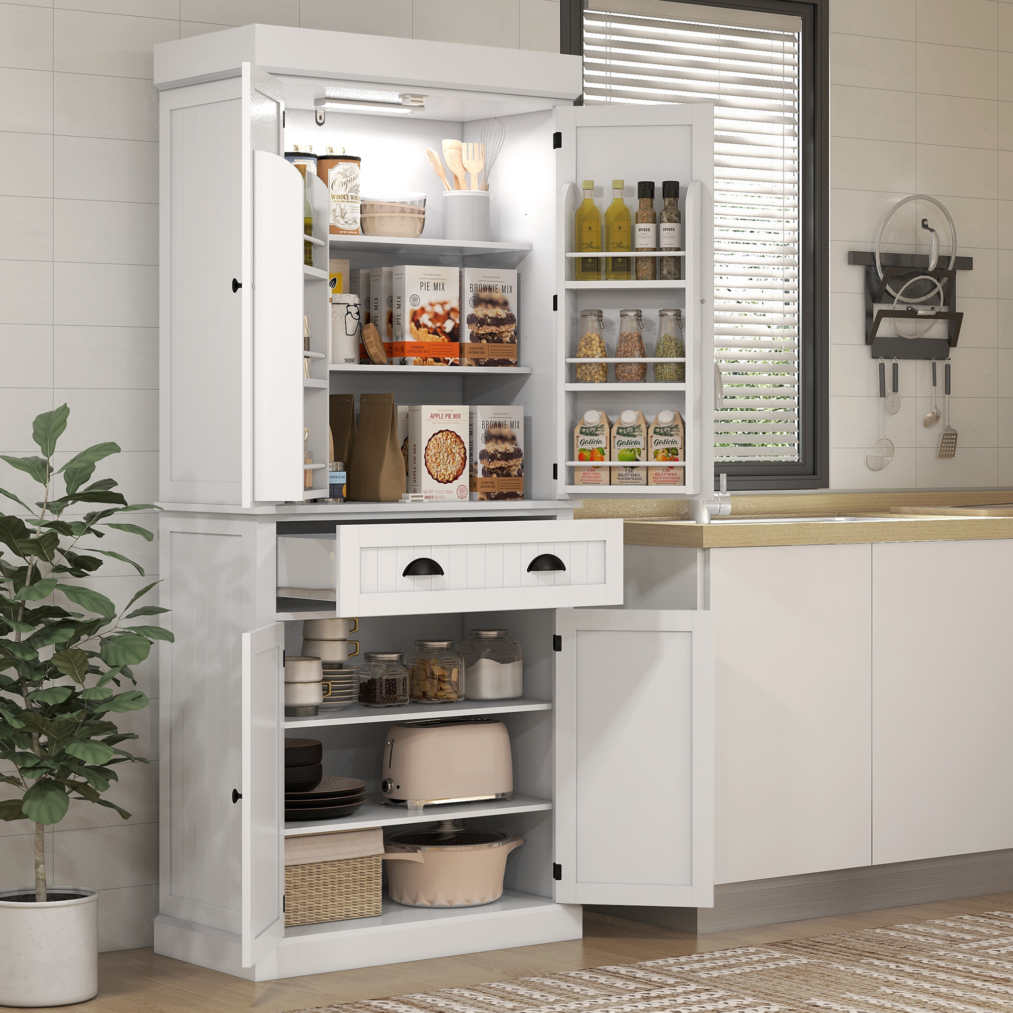 71" Kitchen Pantry Cabinet with LED Lights, 6 Spice Racks, a Drawer and 4 Adjustable Shelves, White - Image 6