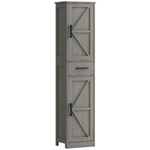 67" Tall Bathroom Cabinet, Narrow Bathroom Storage Cabinet with Drawer, Barn Doors and Adjustable Shelves, Dark Grey
