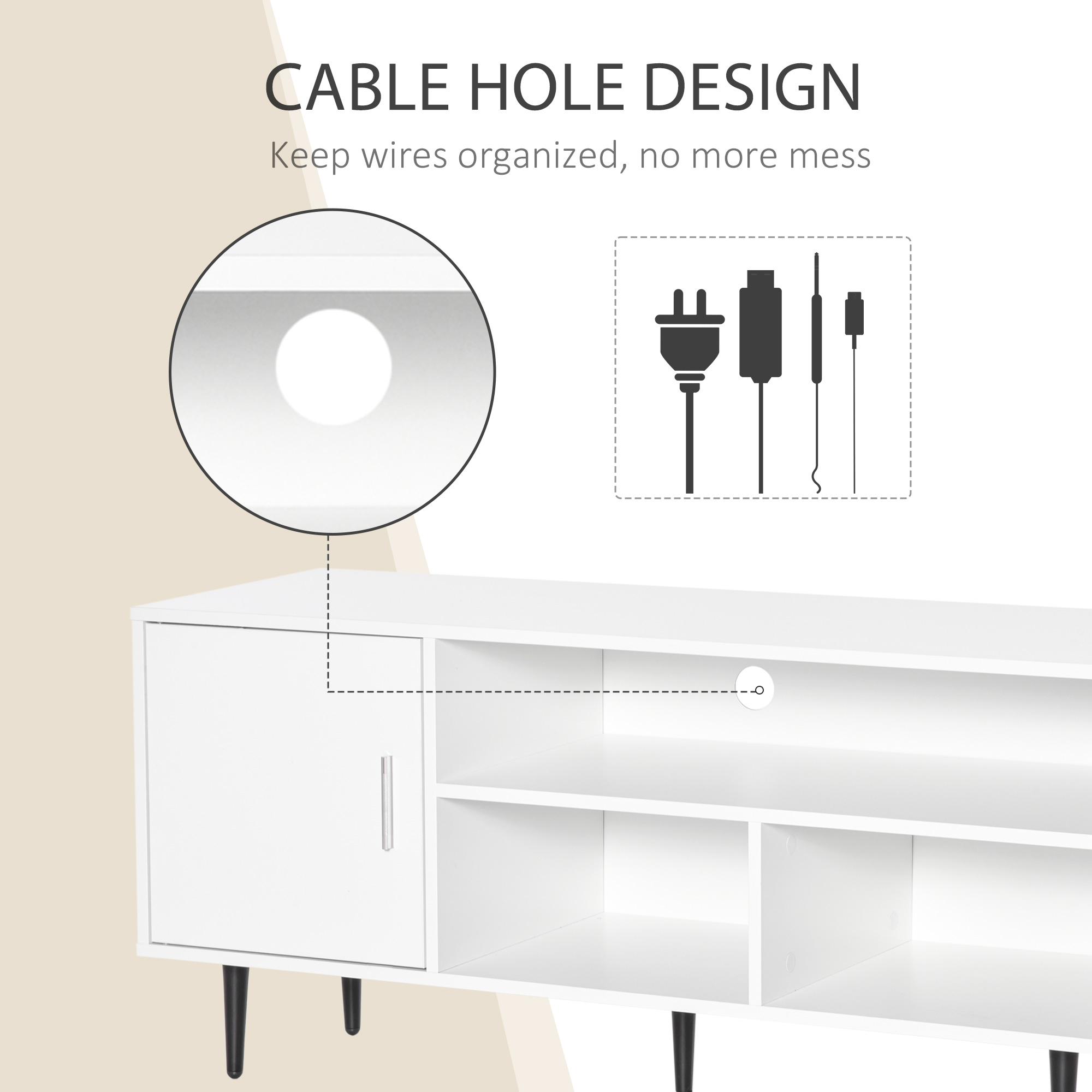 Modern TV Stand Cabinet for TVs up to 60 Inches with Storage Shelf, Cable Hole, Home Entertainment Unit Center, for Living Room Bedroom, White - Image 2
