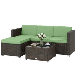 3 Pieces Patio Furniture Set with Cushions, Outdoor PE Rattan Wicker Conversation Corner Sofa Set, Light Green