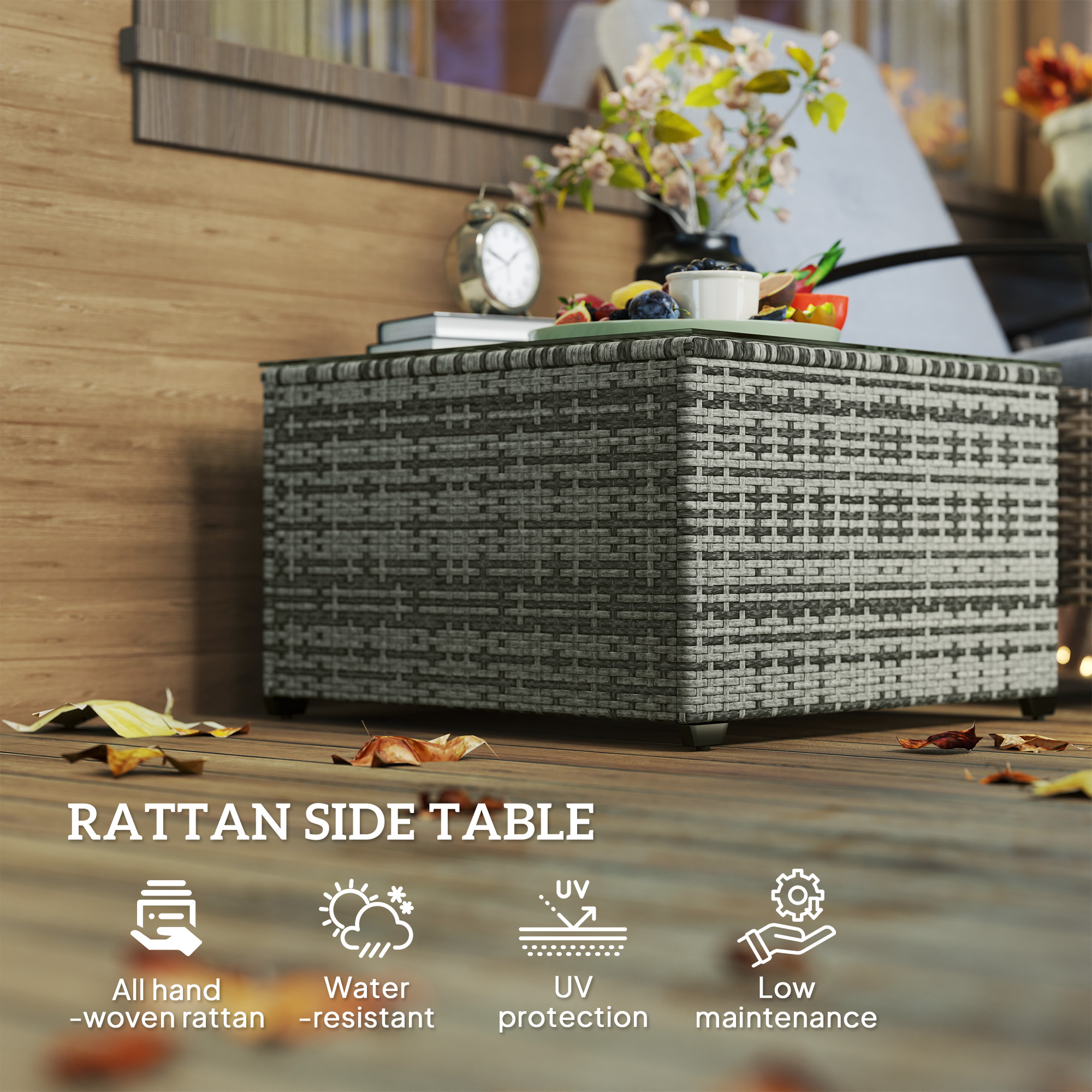 24.4" Patio Wicker Coffee Table, PE Rattan Outdoor Side Table with Tempered Glass Top, Light Grey - Image 2