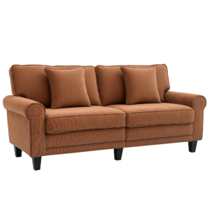 Modern 3 Seater Sofa, Corduroy Fabric 3 Seater Couch with Pine Wood Legs and Rolled Armrests for Living Room, Brown