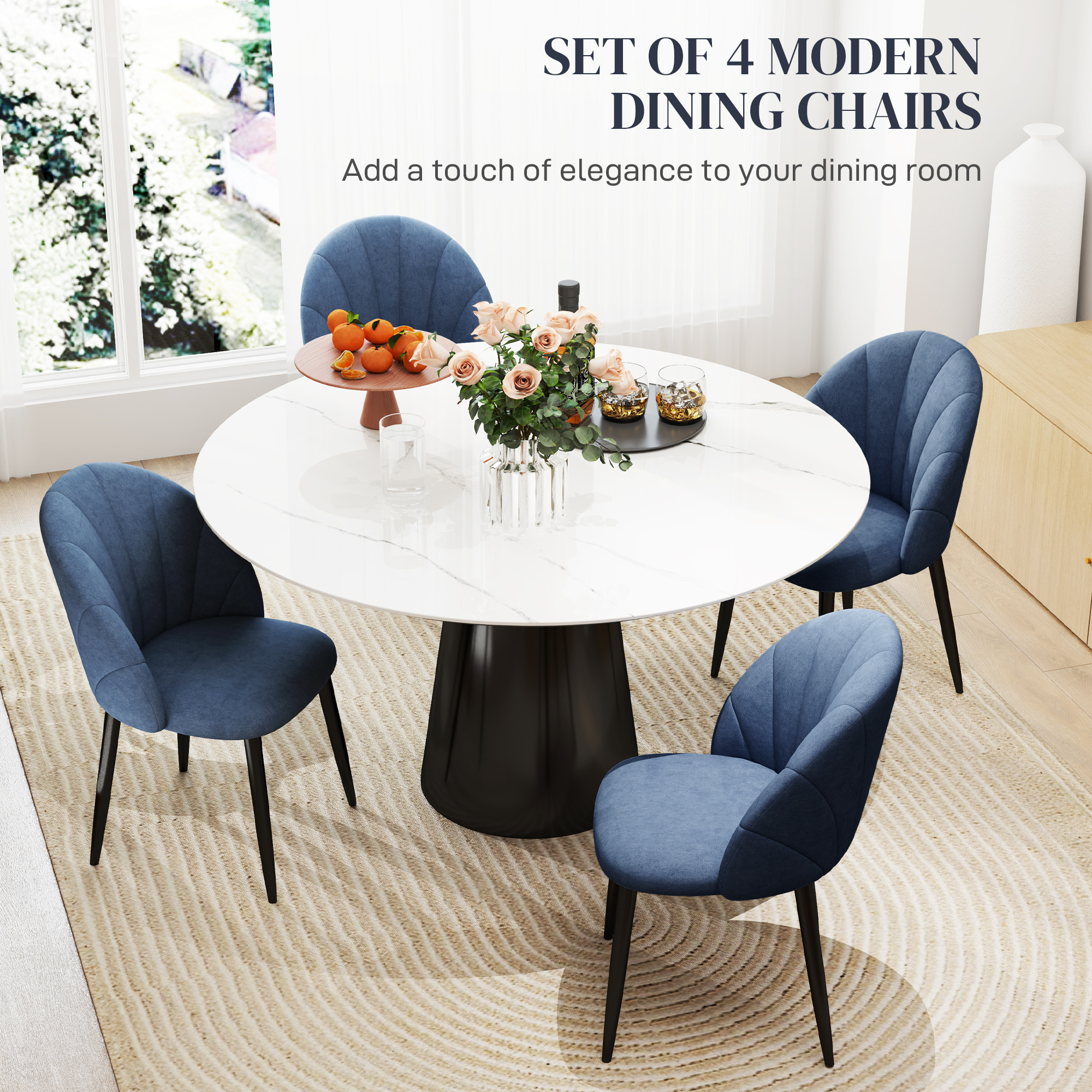 Modern Dining Chairs Set of 4, Upholstered Dining Room Chairs with Metal Legs, Shell Backrest, Padded Seat, Blue - Image 2