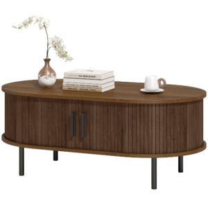 Coffee Table with Sliding Tambour Doors and Storage Center Table with Metal Legs, 39", Brown