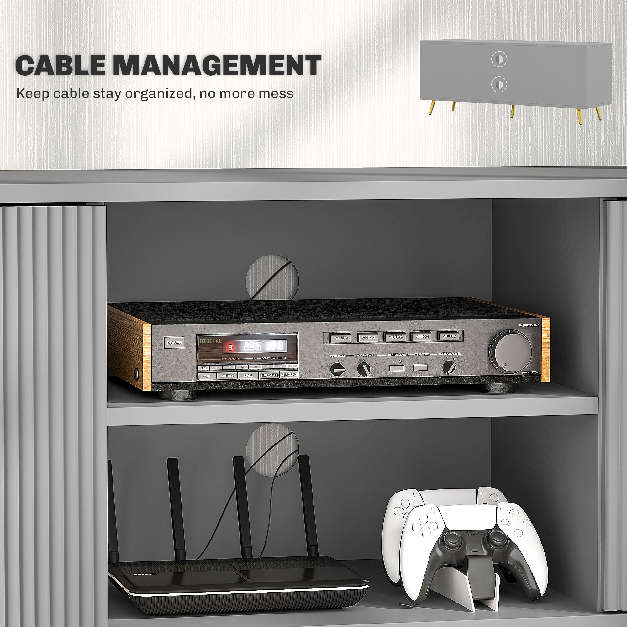 TV Stand with Storage for 55 Inch TV, Modern TV Cabinet with 2 Open Shelves and 2 Cabinets for Living Room, Grey - Image 4