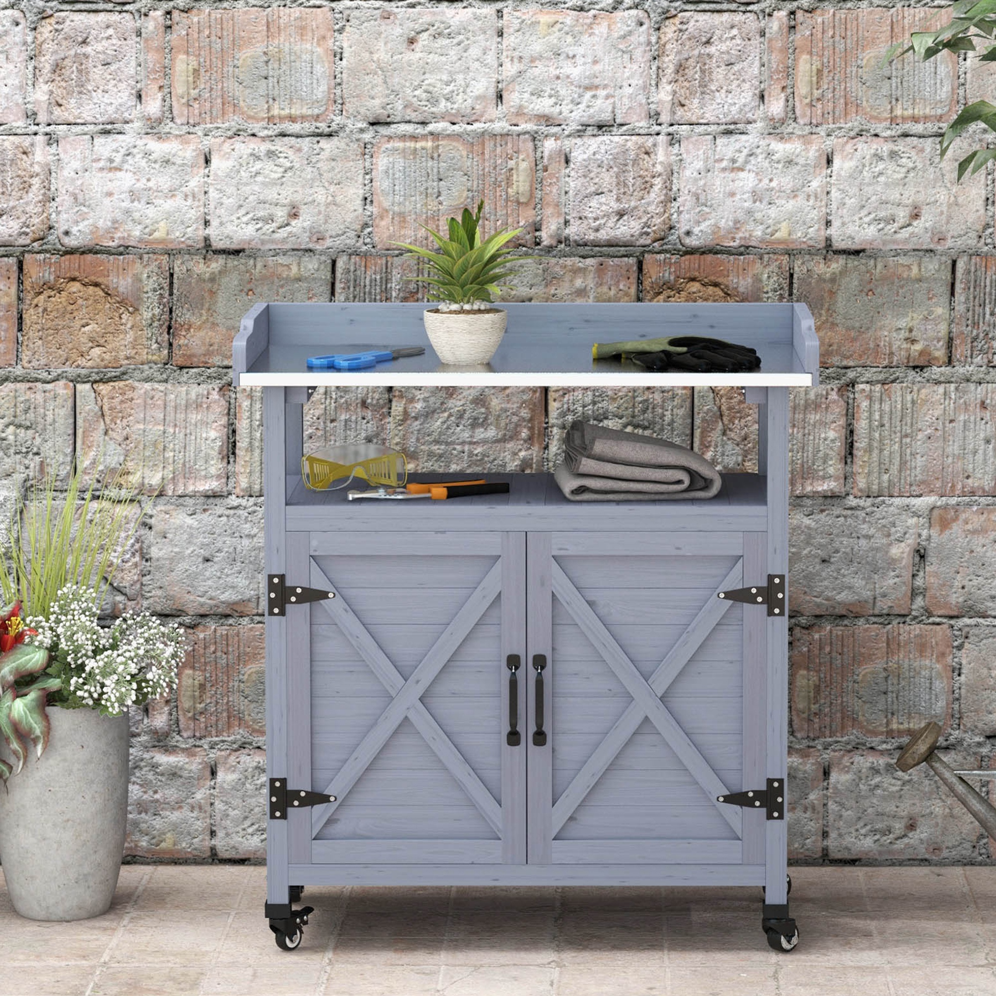 Outdoor Wooden Potting Bench with Storage Cabinet, Aluminum Tabletop, Rubber Wheels for Backyard, Patio, Balcony, Grey - Image 5