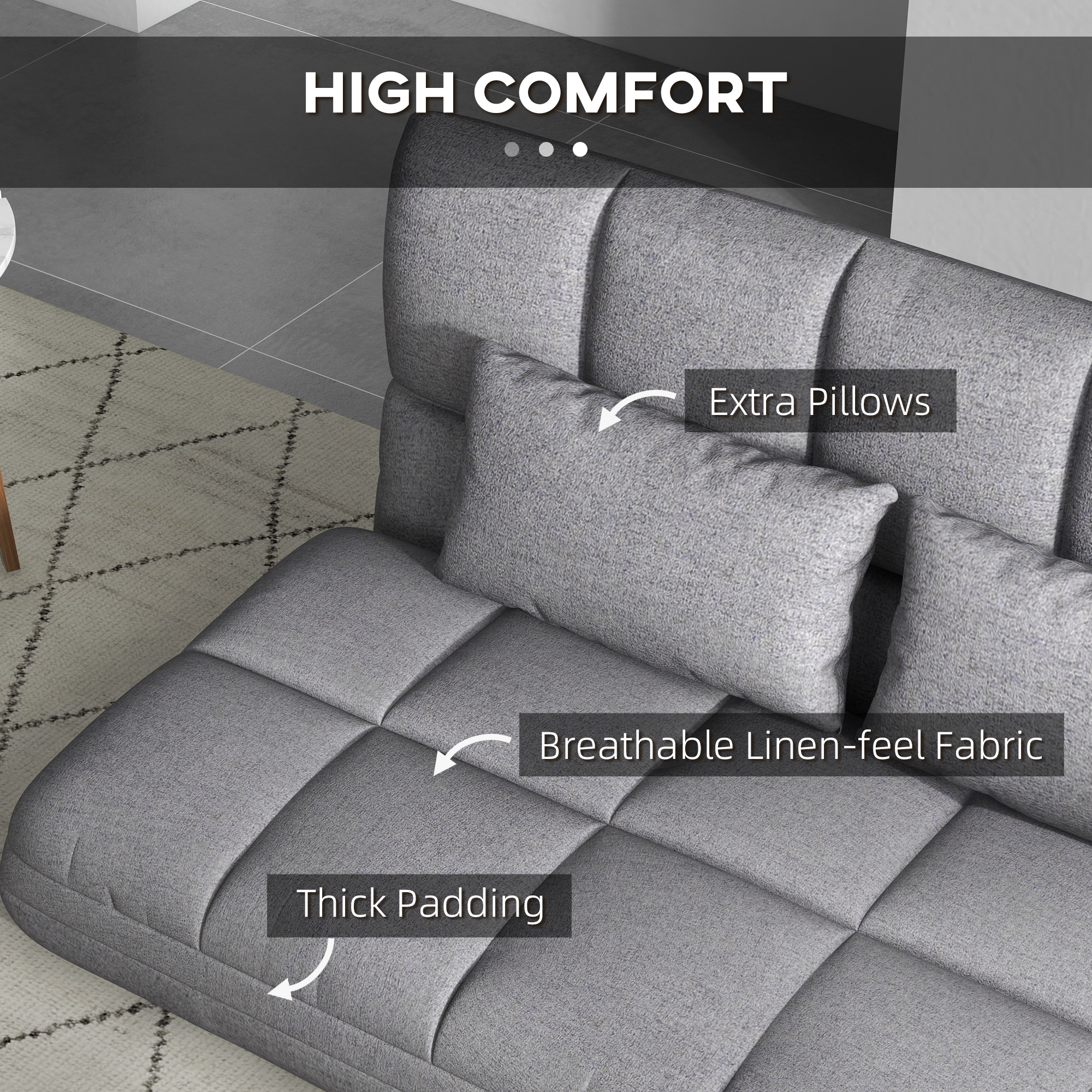 51" Folding Floor Sofa, Foldable 2-Seater Lazy Sofa Sleeper Bed, Adjustable Linen Floor Couch with 9-position Backrest, 2 Pillows and Wide Seat for Living Room, Grey - Image 4