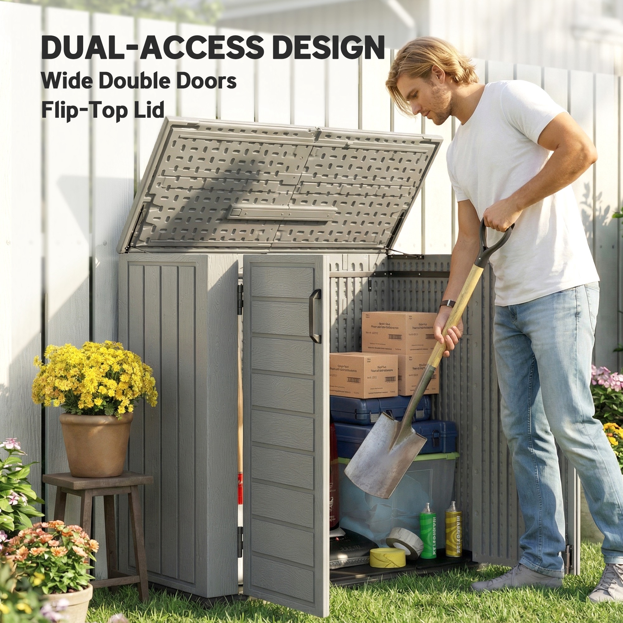 33 Cu.ft Plastic Outdoor Storage Shed, Storage Cabinet Tool Box with Lockable Double Doors and Flip-Top Lid Light Grey - Image 3