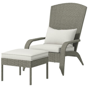 Wicker Adirondack Chair with Ottoman, Patio Cushioned Muskoka Chair, Outdoor Fire Pit Chair with High-back and Armrests, for Deck, Garden, Backyard, Grey/Cream White