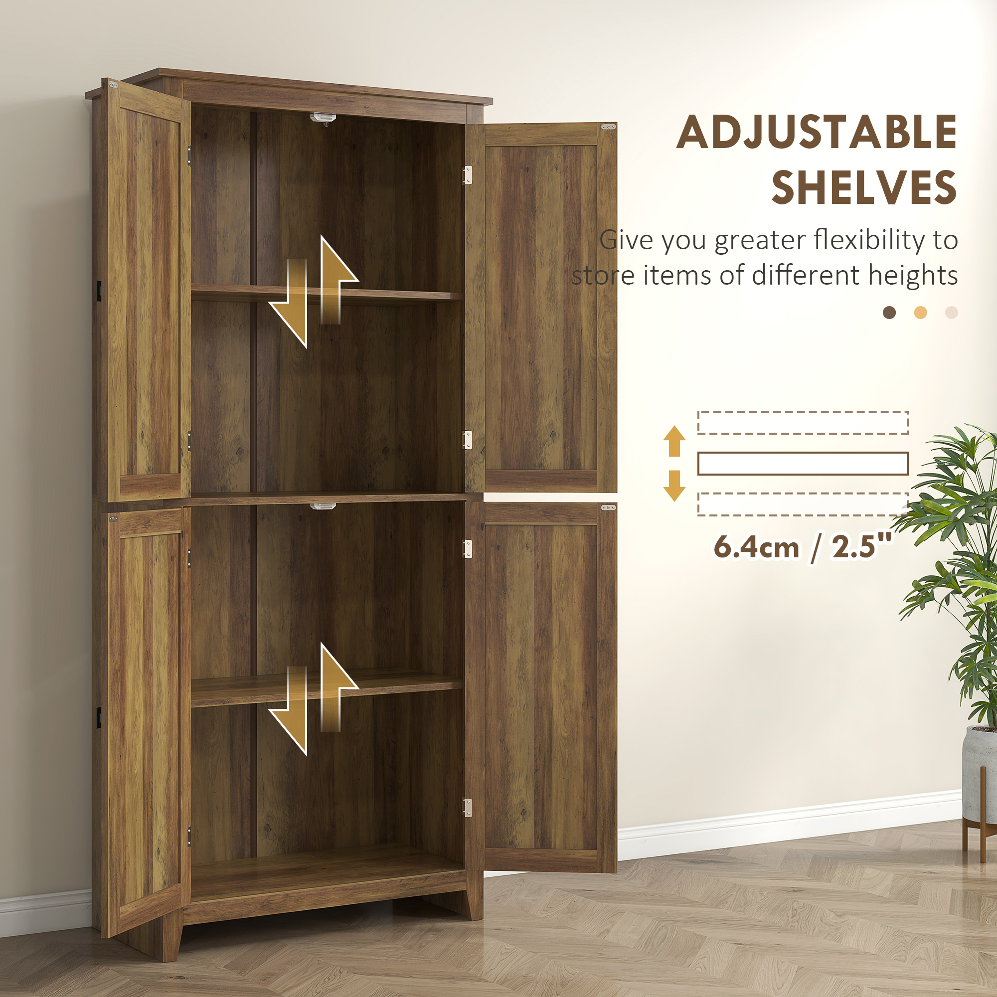 72" Freestanding Storage Cabinet, Kitchen Pantry Cabinet with Doors and Shelves for Dining Room, Brown - Image 3