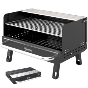 Charcoal BBQ Grill, Portable Barbecue Grill with Adjustable Grates, Foldable Legs, Side Shelf for Camping Travel, Black