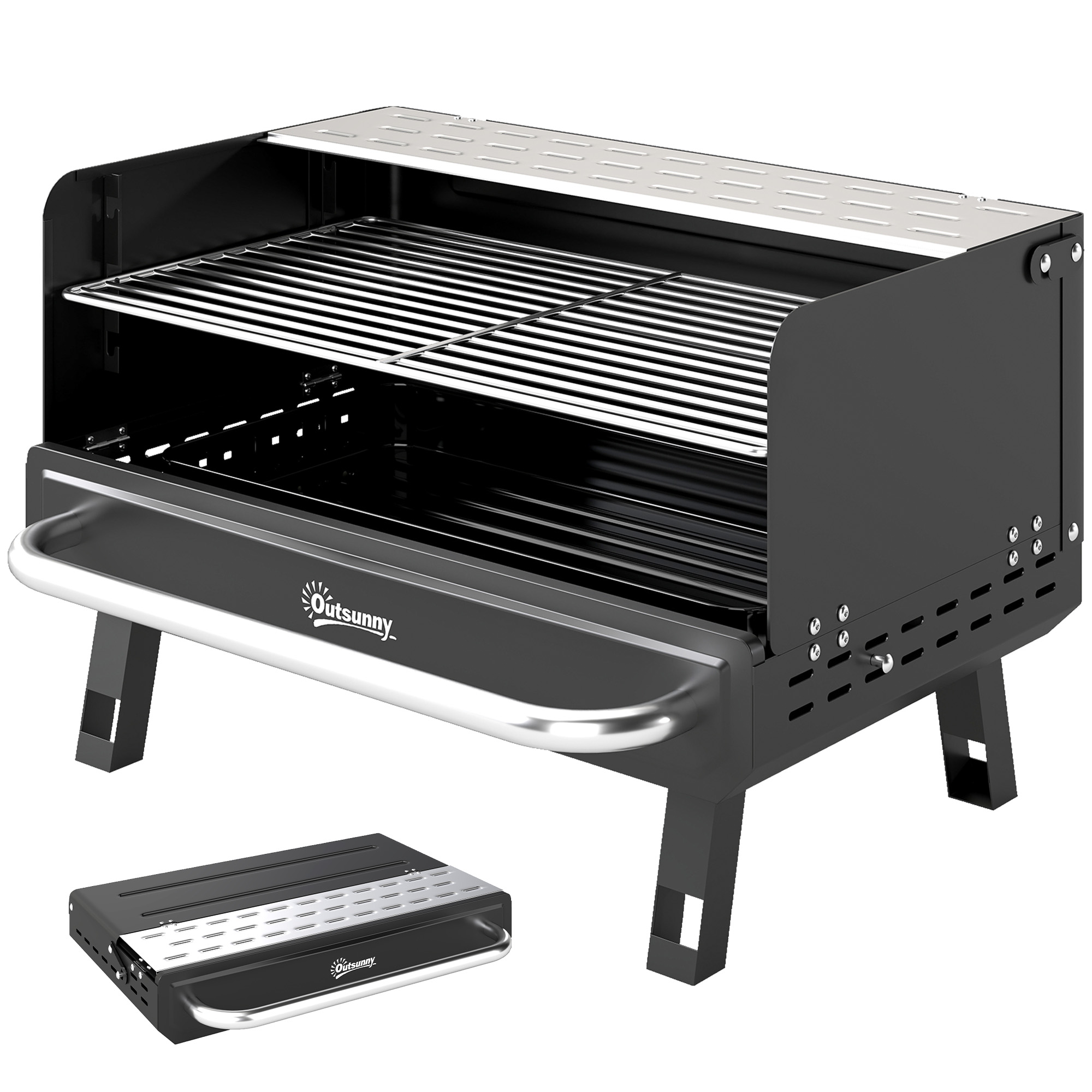 Charcoal BBQ Grill, Portable Barbecue Grill with Adjustable Grates, Foldable Legs, Side Shelf for Camping Travel, Black