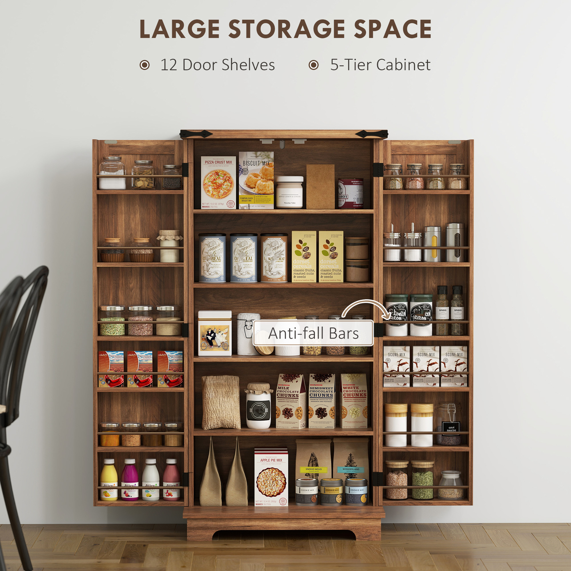 47" Kitchen Pantry Storage Cabinet, Farmhouse Kitchen Pantry Cabinet with Adjustable Shelves and Door Shelves, Brown - Image 3
