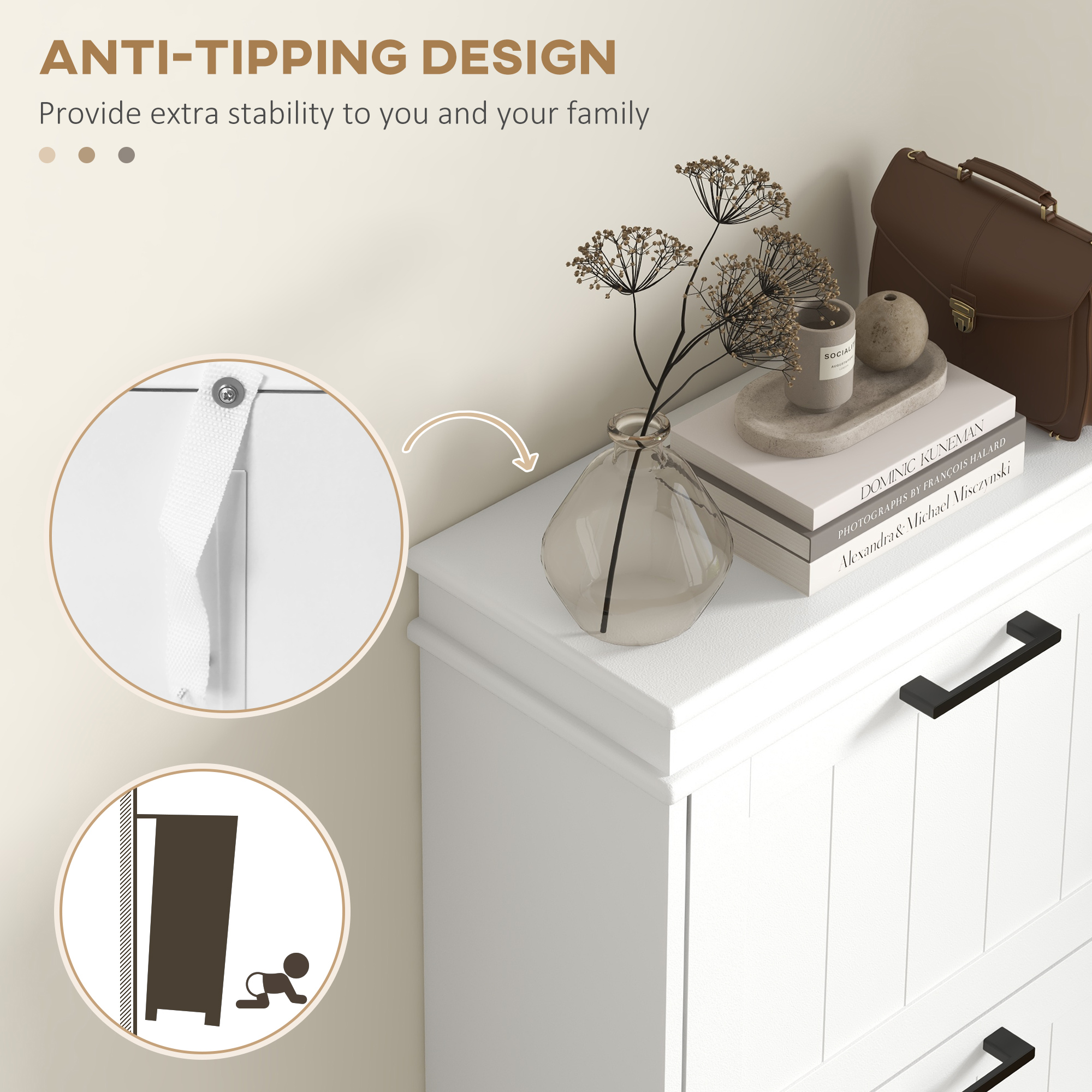 Slim Shoe Cabinet with 3 Flip Drawers and Adjustable Shelves, Narrow Shoe Cabinet for 15 Pairs of Shoes, White - Image 5