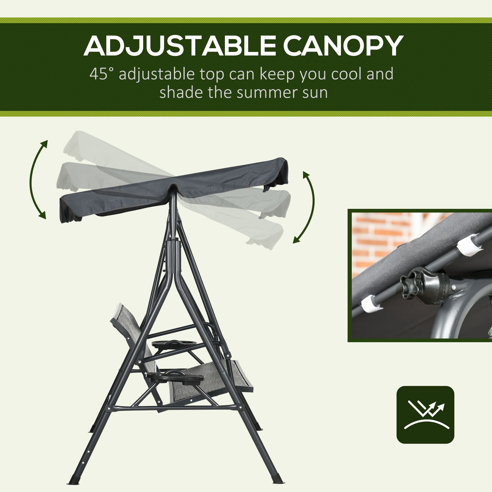 3-Seat Patio Swing Chair, Outdoor Canopy Swing Glider with Adjustable Shade, Rattan Seat and Steel Frame, for Porch, Garden, Poolside, Dark Grey - Image 3