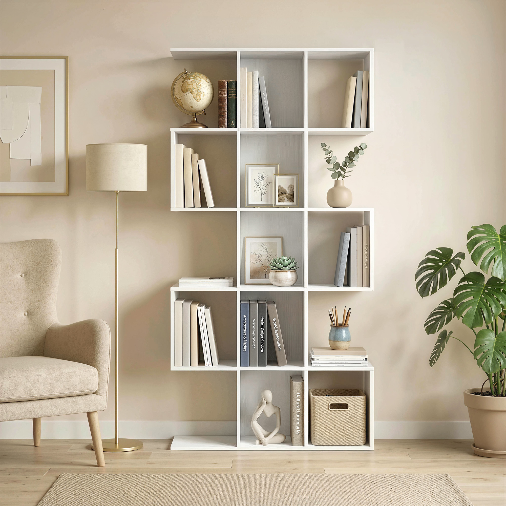 5-Tier Bookshelf, S Shaped Geometric Bookcase with 15 Compartments, White Wood Grain - Image 6