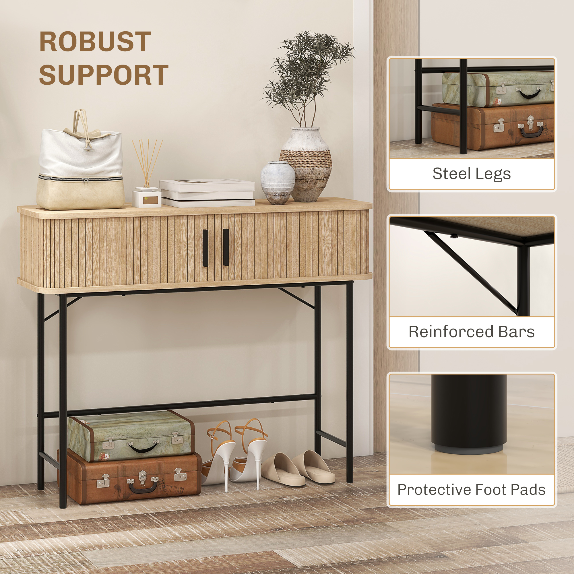 Mid-Century Entryway Table, Narrow Console Table with Storage Compartments for Behind Couch, Living Room, Oak and Black - Image 5