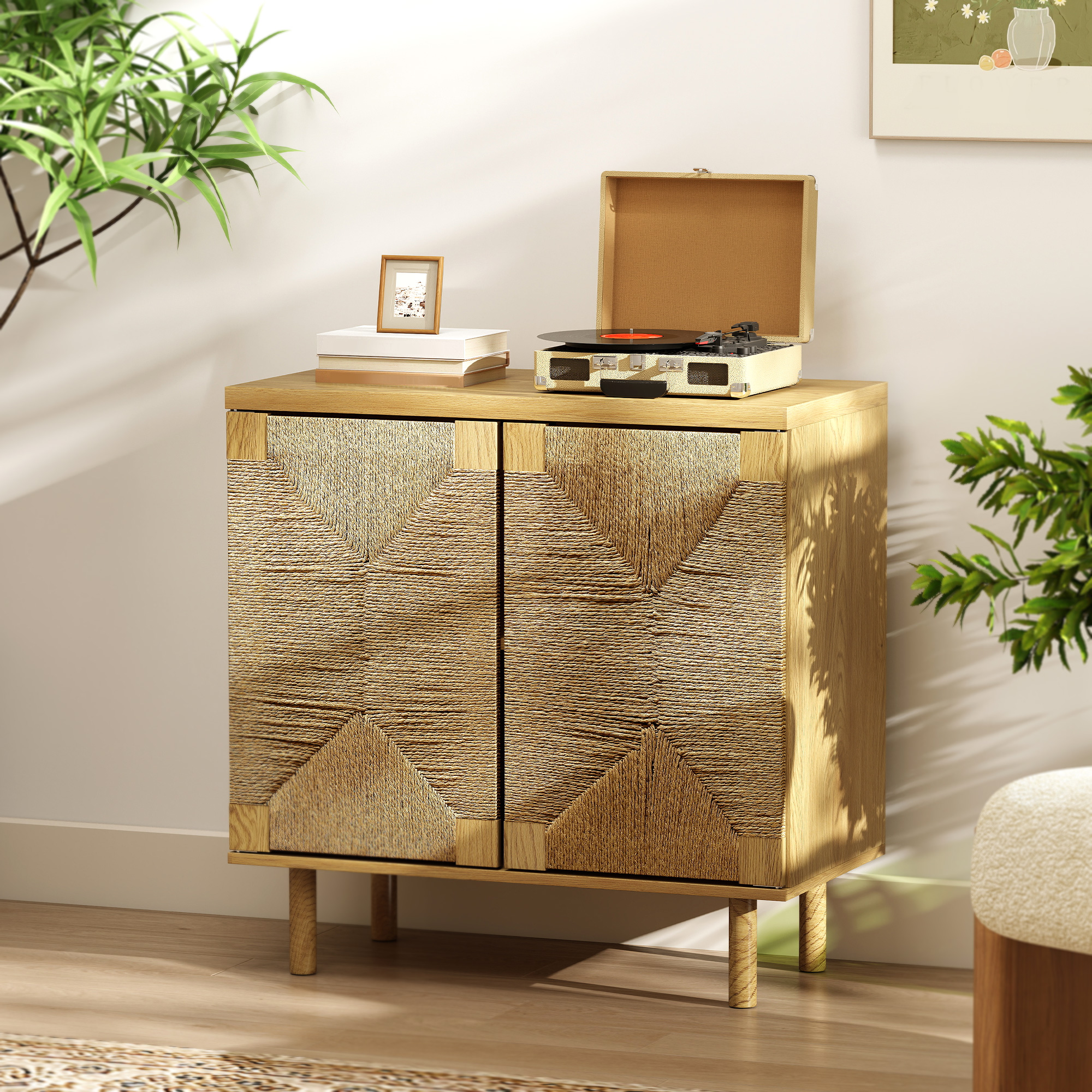 Handwoven Rope Accent Cabinet Boho Sideboard Buffet Cabinet with Push to Open Doors Adjustable Shelf Pine Wood Legs Oak - Image 6