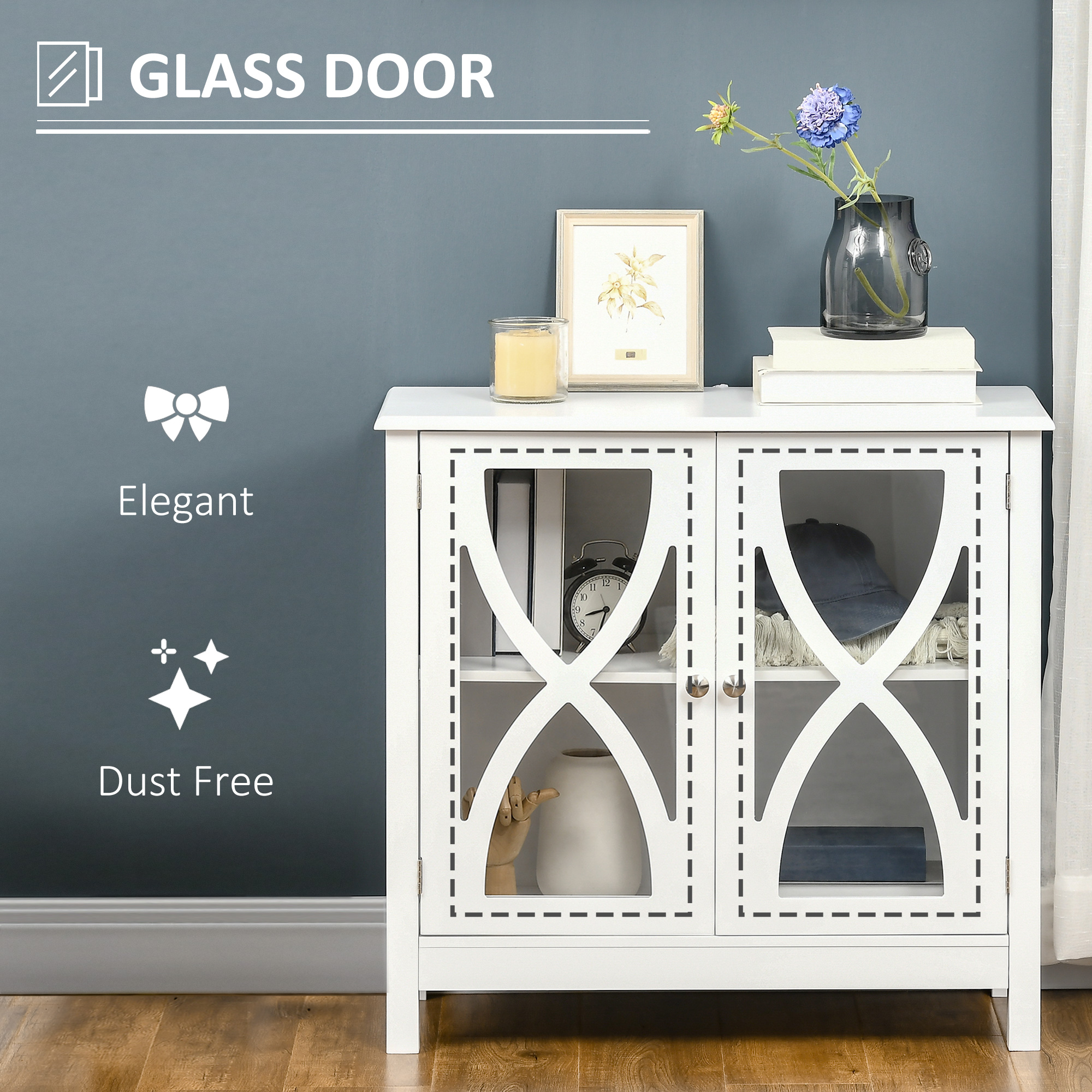 Kitchen Sideboard, Glass Door Buffet Cabinet, Bathroom Storage Cabinet with Adjustable Storage Shelf for Dining Room, Living Room, White - Image 3