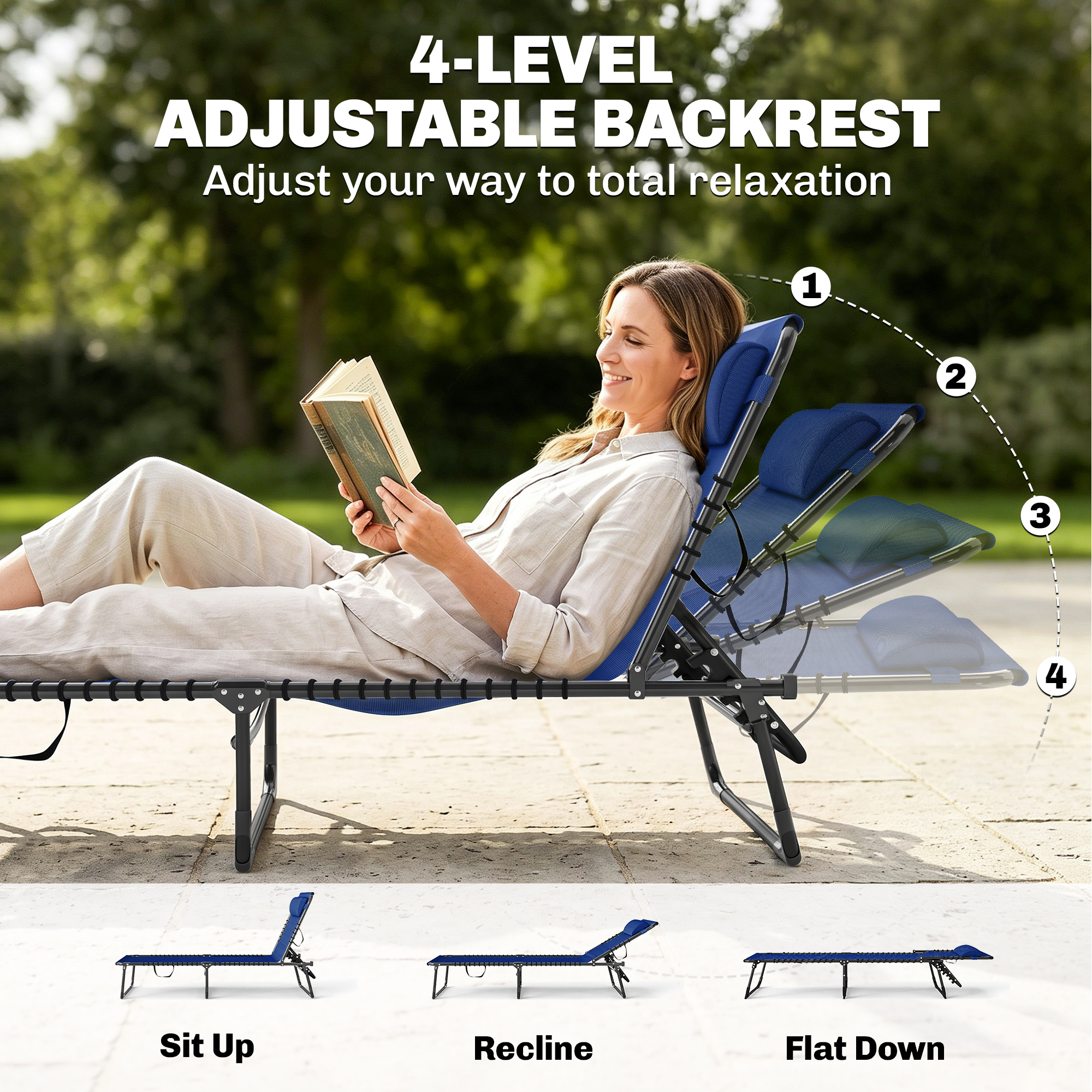Outdoor Folding Lounge Chair, 4-Level Adjustable Chaise Lounge, Tanning Chair Beach Bed Reclining Lounger Cot for Camping, Hiking, Backyard, Navy Blue - Image 2