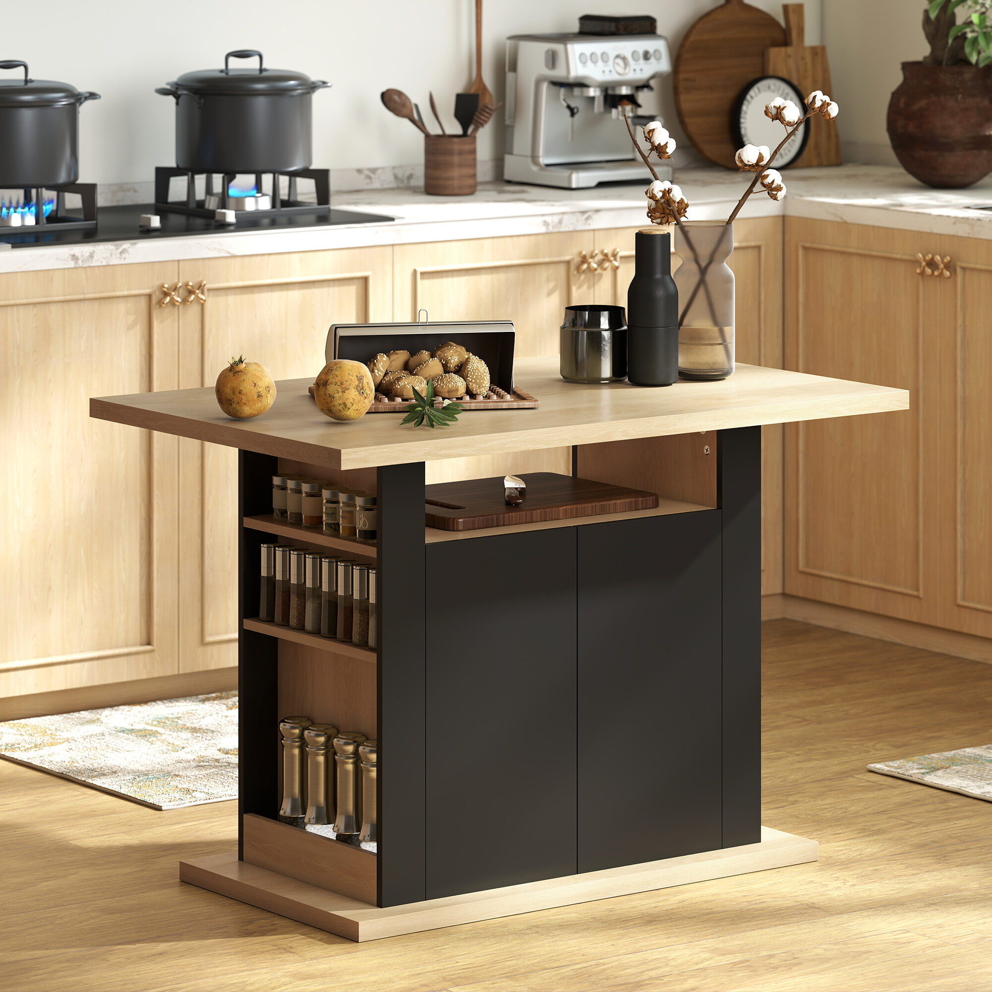 Kitchen Island Dining Table with Storage Cabinet, Large Tabletop for 4 People, 4-Door Cupboard & Shelves, Black - Image 6