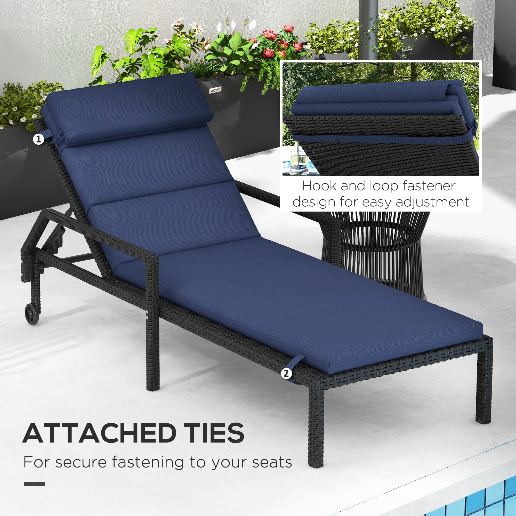 Patio Chaise Lounge Chair Cushions Replacement Sun Lounger Pads with Headrest and Ties, Set of 2, Dark Blue - Image 4