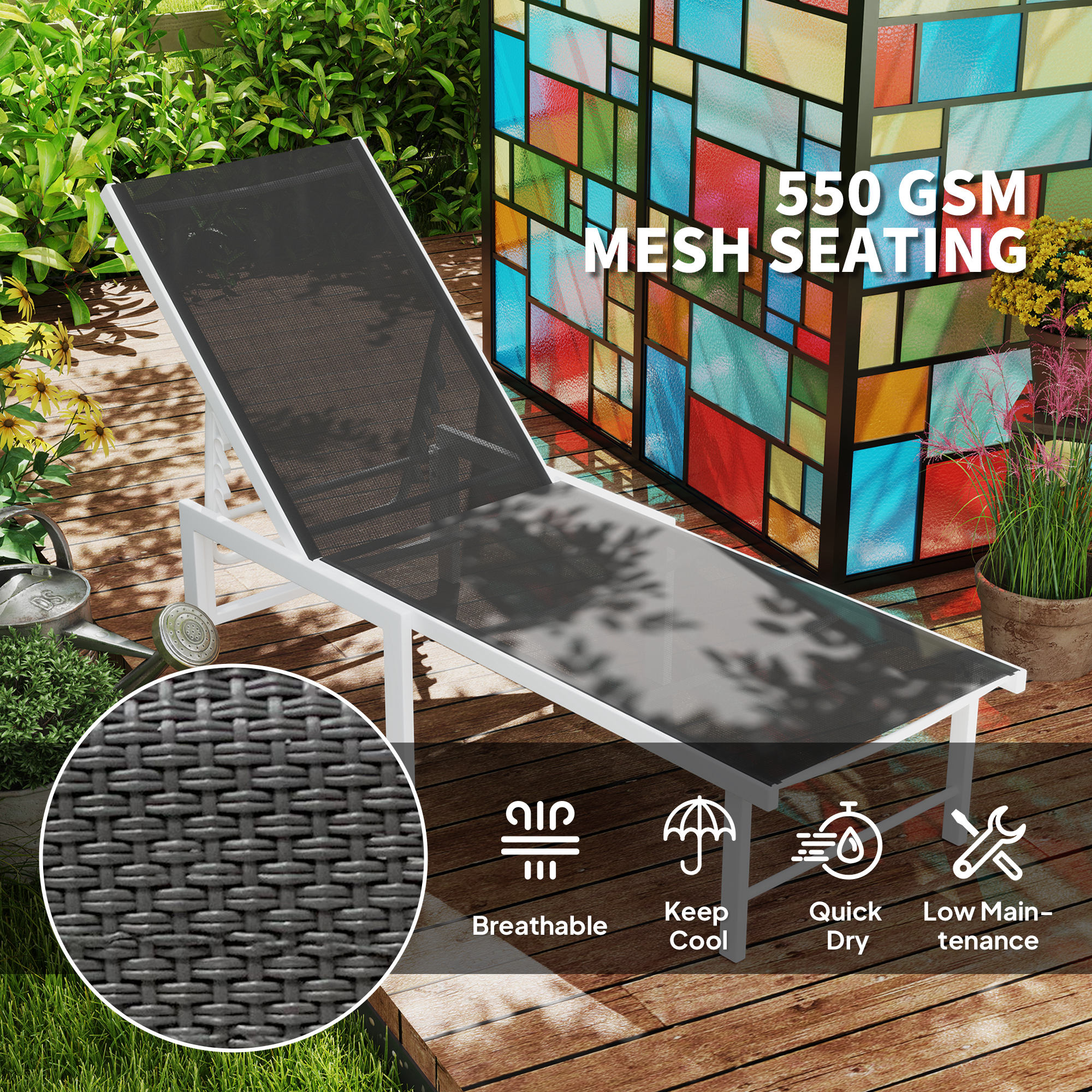 Outdoor Lounge Chair, 5-Position Reclining Outdoor Chaise Lounge Tanning Chair with Mesh Seat, Grey - Image 3