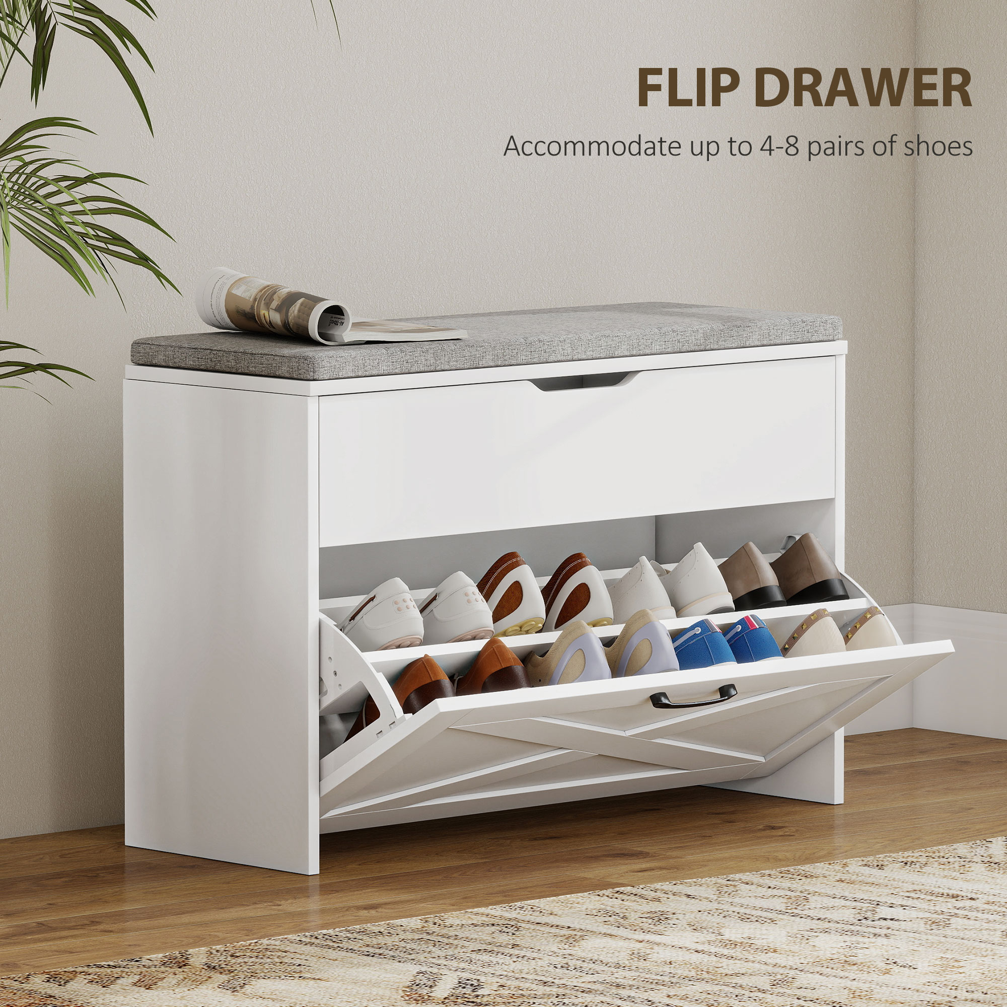 Shoe Storage Bench with Flip Drawer and Lift Top Storage, Entryway Bench with Seat Cushion for Hallway, White - Image 2