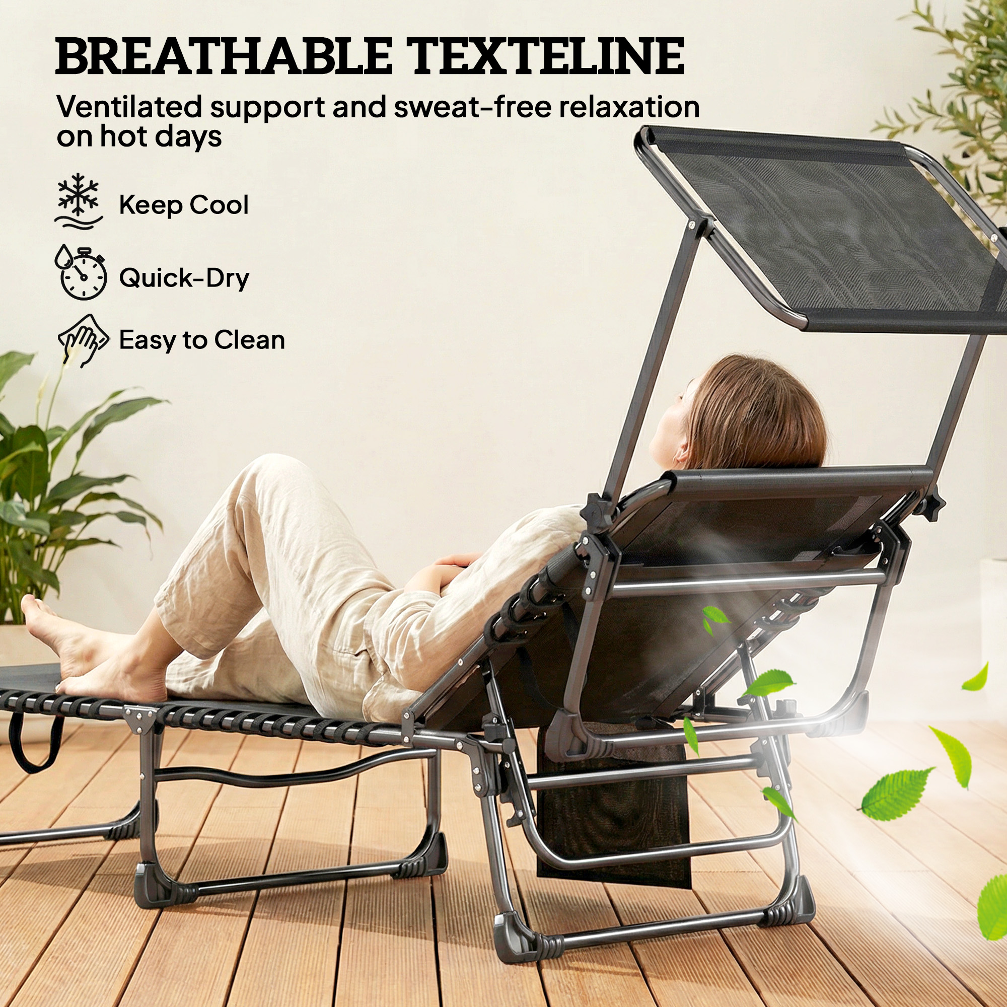 Lounge Chair Outdoor, Folding Chaise Lounge with 5-Level Adjustable Back, Cushion, Side Pocket and Headrest - Image 5