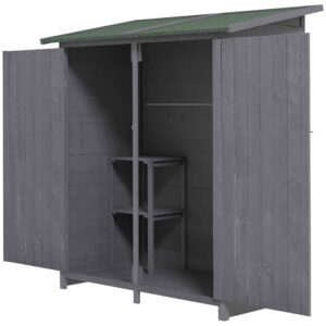 Garden Storage Shed Asphalt Roof Wooden Timber Double Door Utility Storage House with Shelf, Green and Grey