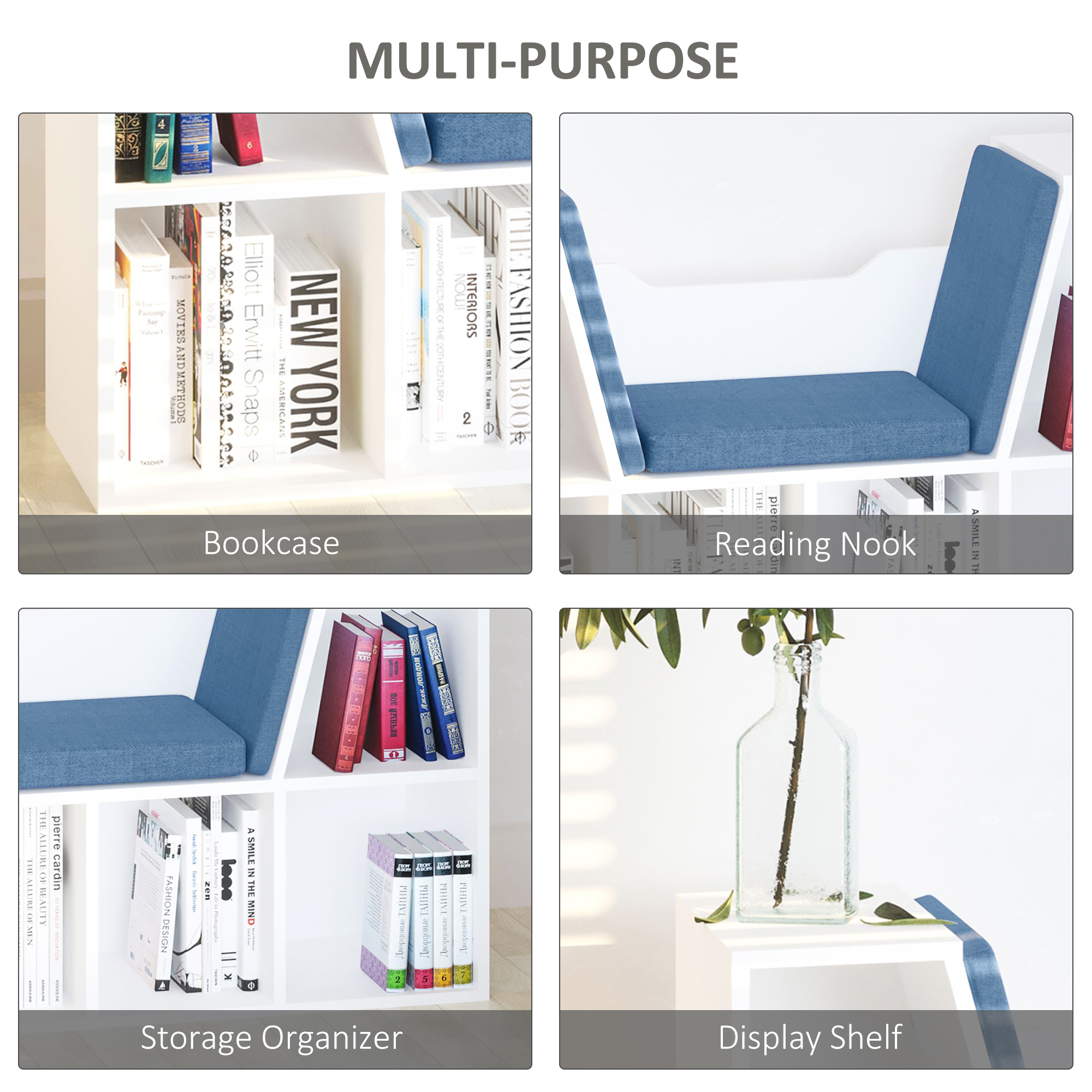 6-Cubby Bookcase with Seat Cushion, Cube Storage Shelf with Reading Nook for Home Office, Study, Blue - Image 4
