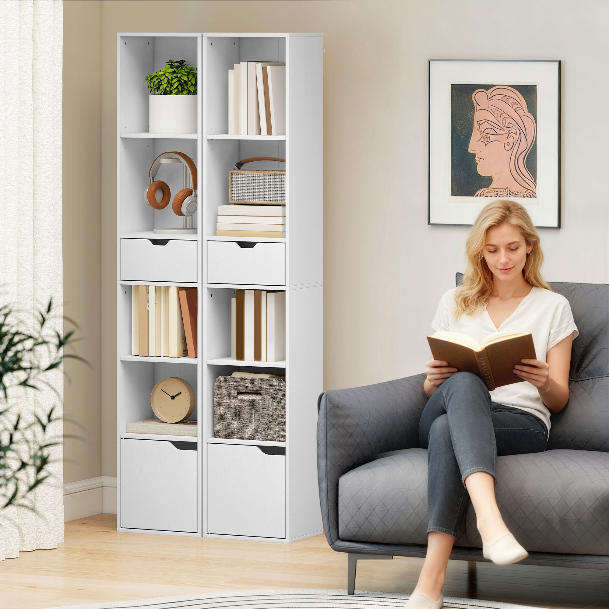 6-Tier Bookcase, Tall Narrow Bookshelf with Drawer and Door, White - Image 5