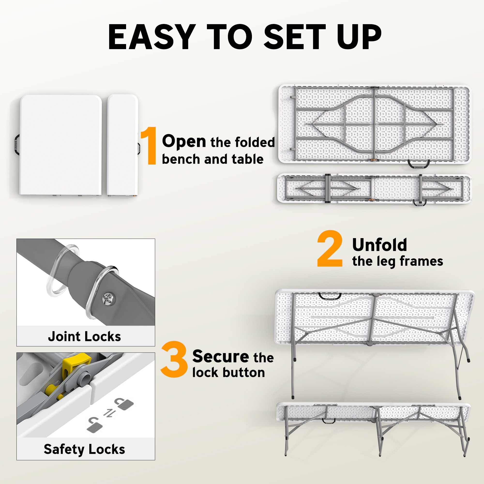 6FT 3-Piece Portable Outdoor Camping Table Bench Set with Carrying Handles, Folding Picnic Table with 2 Benches, White - Image 2