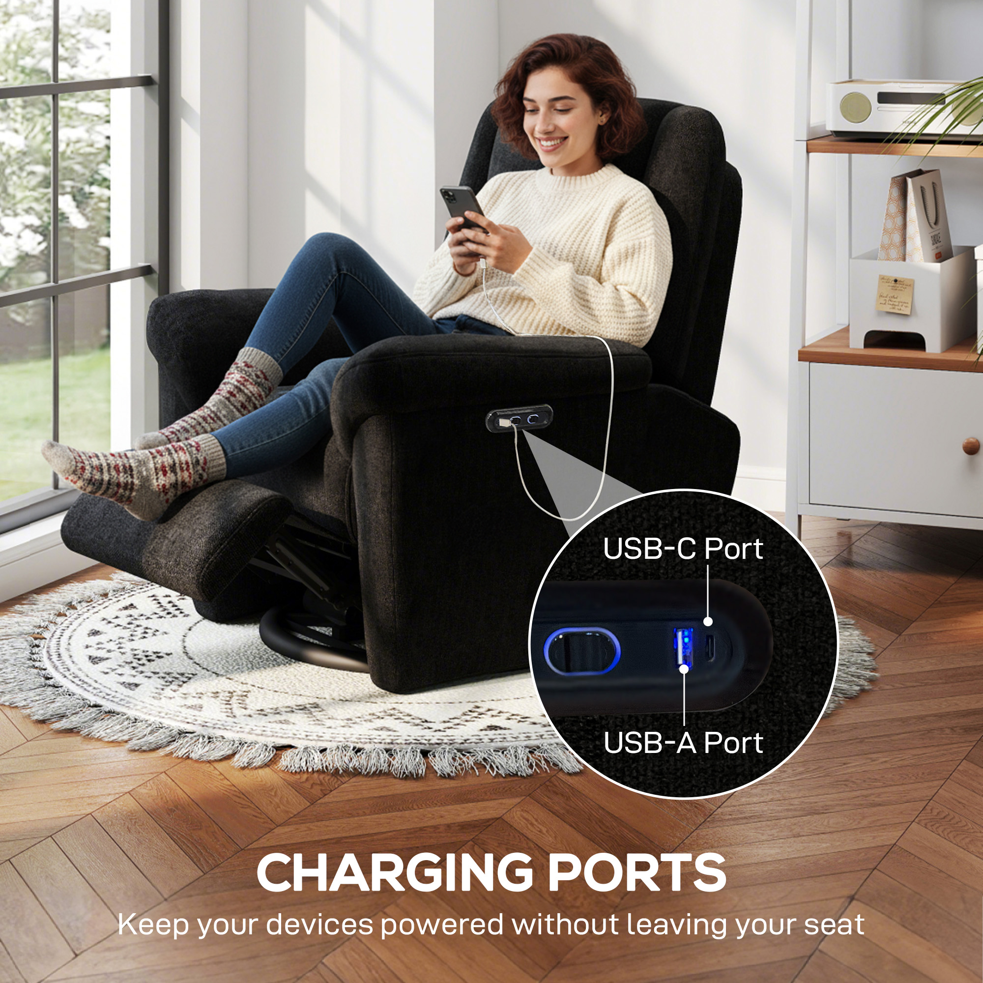 Power Recliner Chair, Fabric Upholstered Recliner Chair with USB Ports, Swivel and Rocking Function, Footrest, Black - Image 5