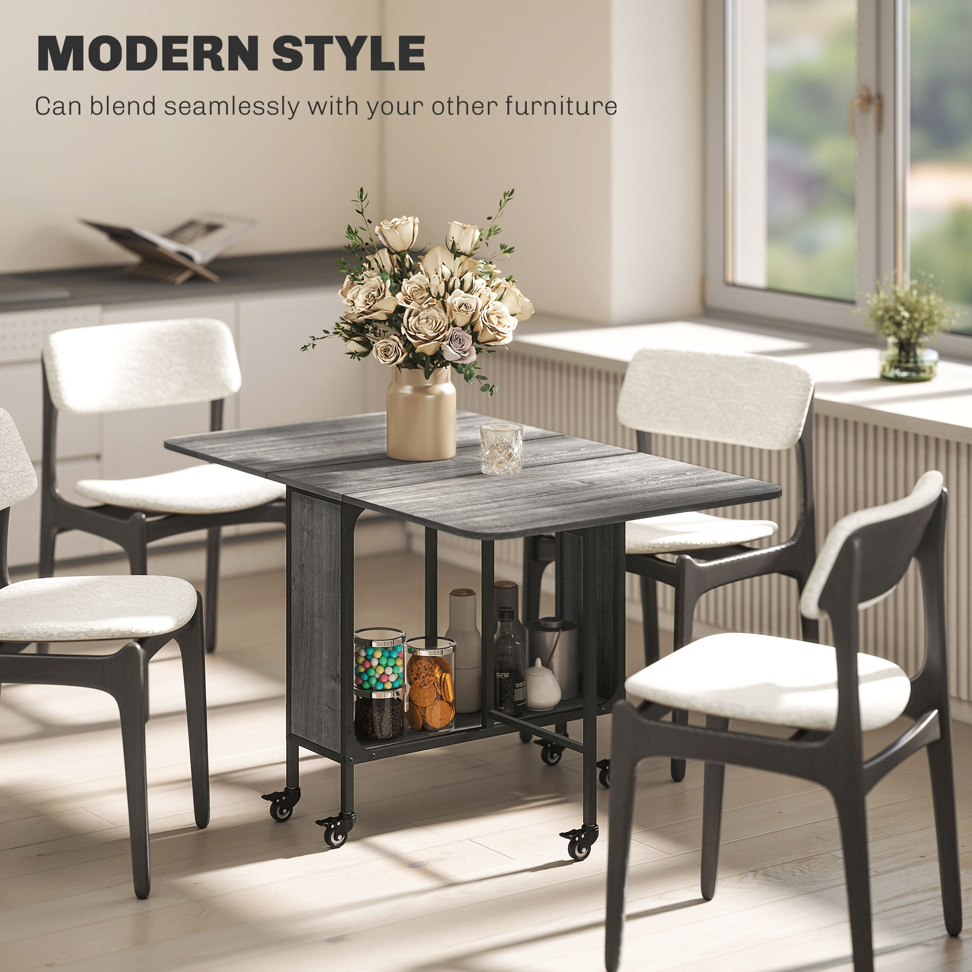 Folding Dining Table, Extendable Kitchen Table for Small Spaces with Storage Shelf and 6 Wheels, Distressed Grey - Image 5