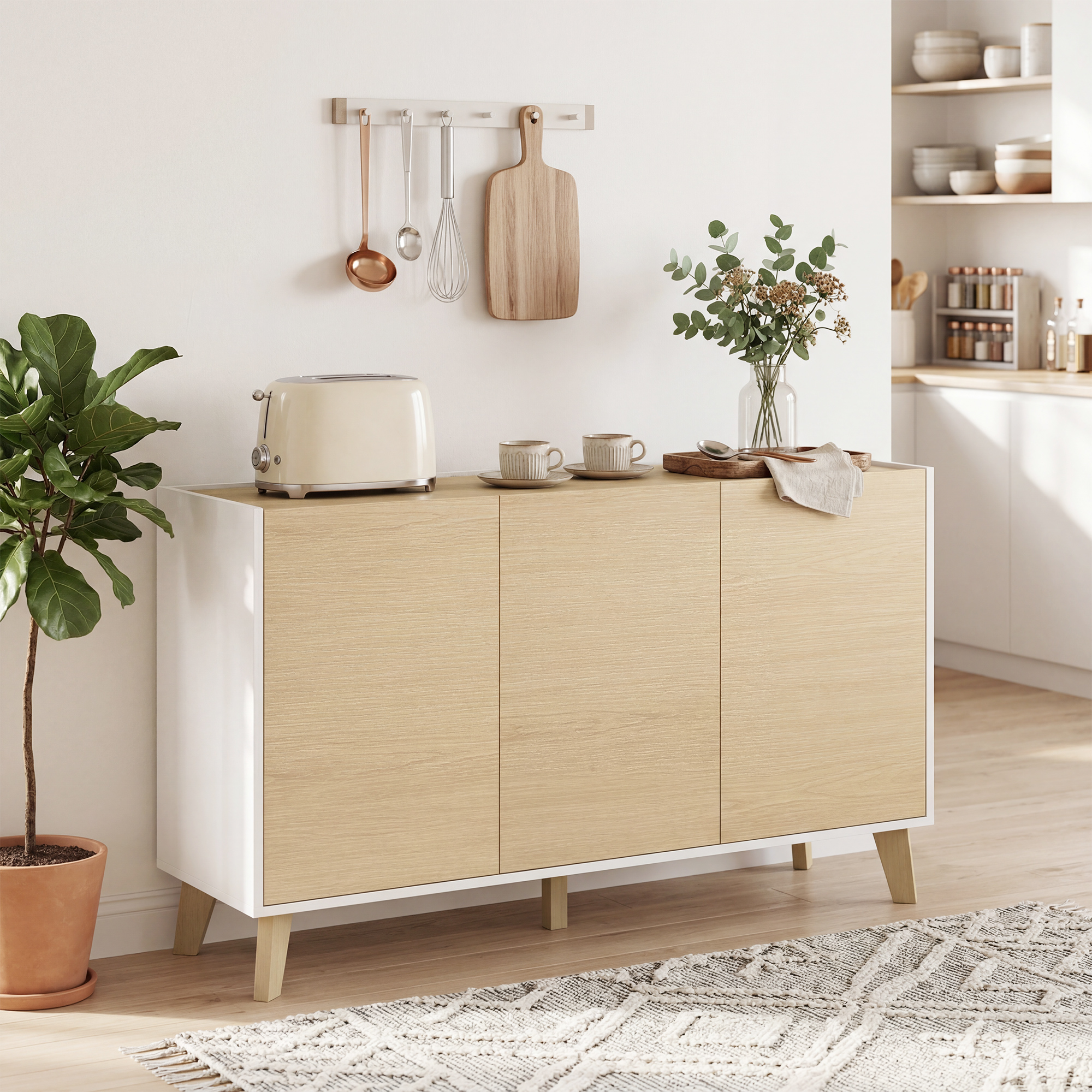 Sideboard Buffet Cabinet, 47" Modern Kitchen Storage Cabinet with 6 Compartments, Soft-Close Doors, Natural Wood Effect - Image 6