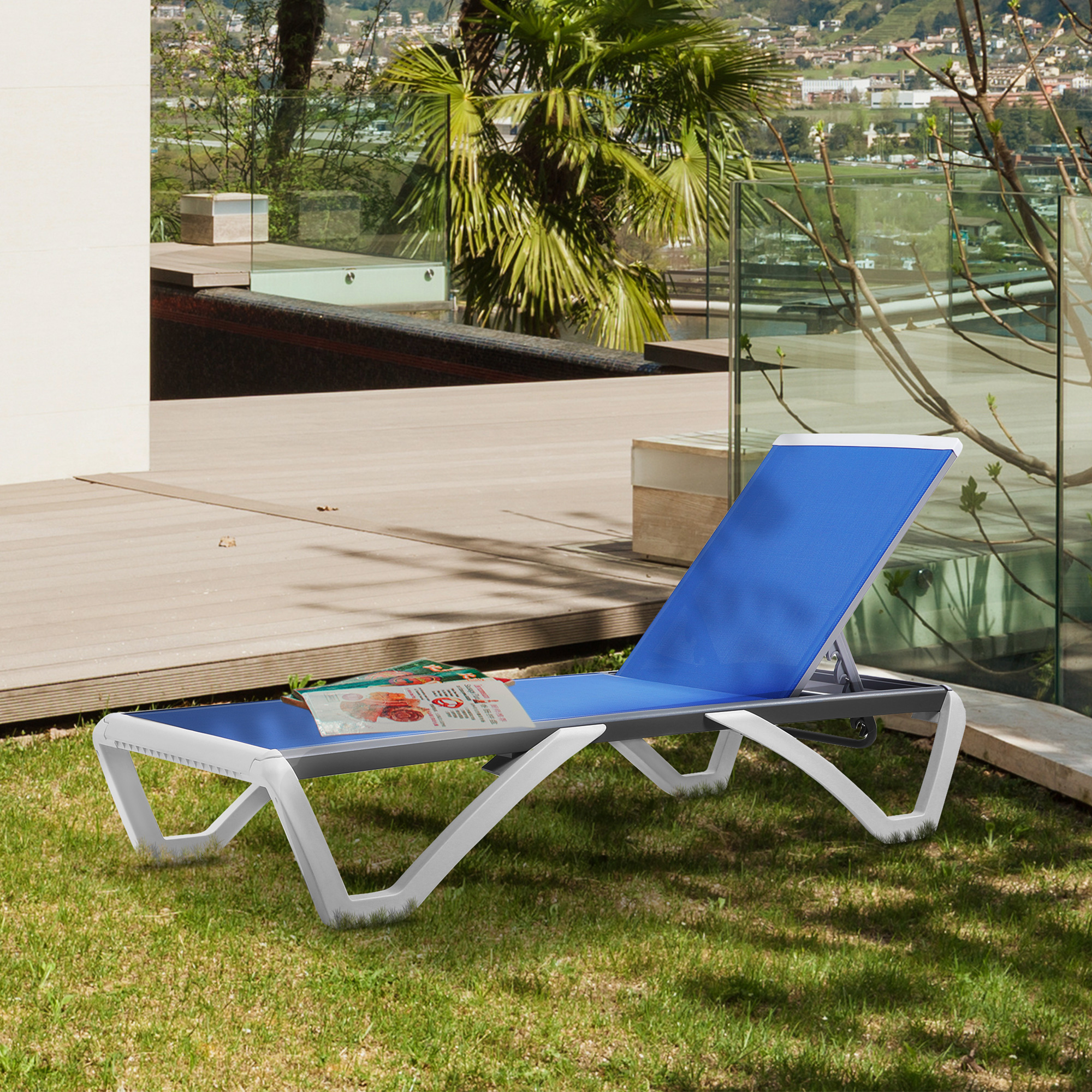 Outdoor Chaise Lounge Chair, Patio Aluminum Tanning Chair with 5-Level Adjustable Back, Portable Wheels, Breathable Mesh Fabric, for Pool, Deck, Garden, Blue - Image 6