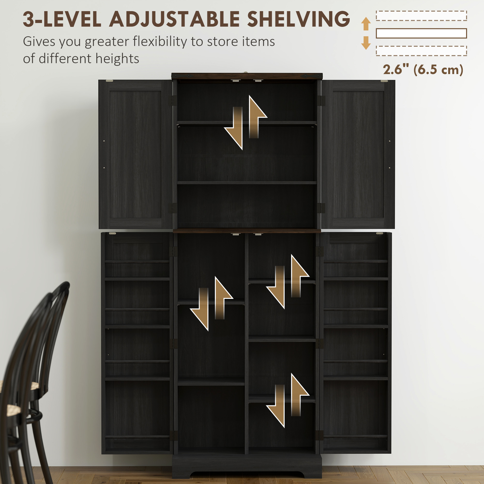 64" Tall Kitchen Pantry Cabinet with Spice Racks and Adjustable Shelves, Black Wood Grain - Image 3