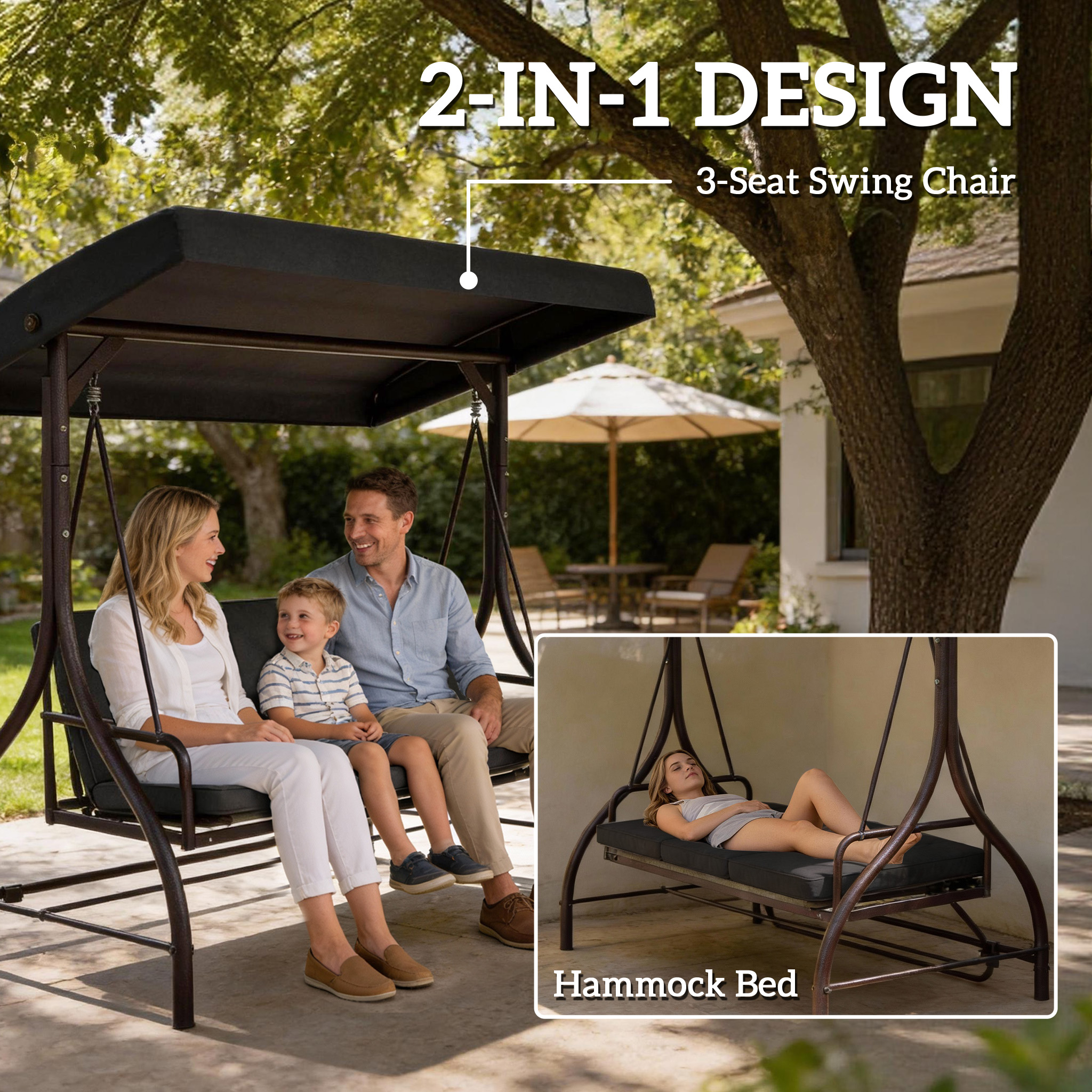 Convertible Patio Swing Bed with Canopy and Cushions, 3 Seater Porch Swing for Outdoor, Backyard, Garden, Black - Image 2