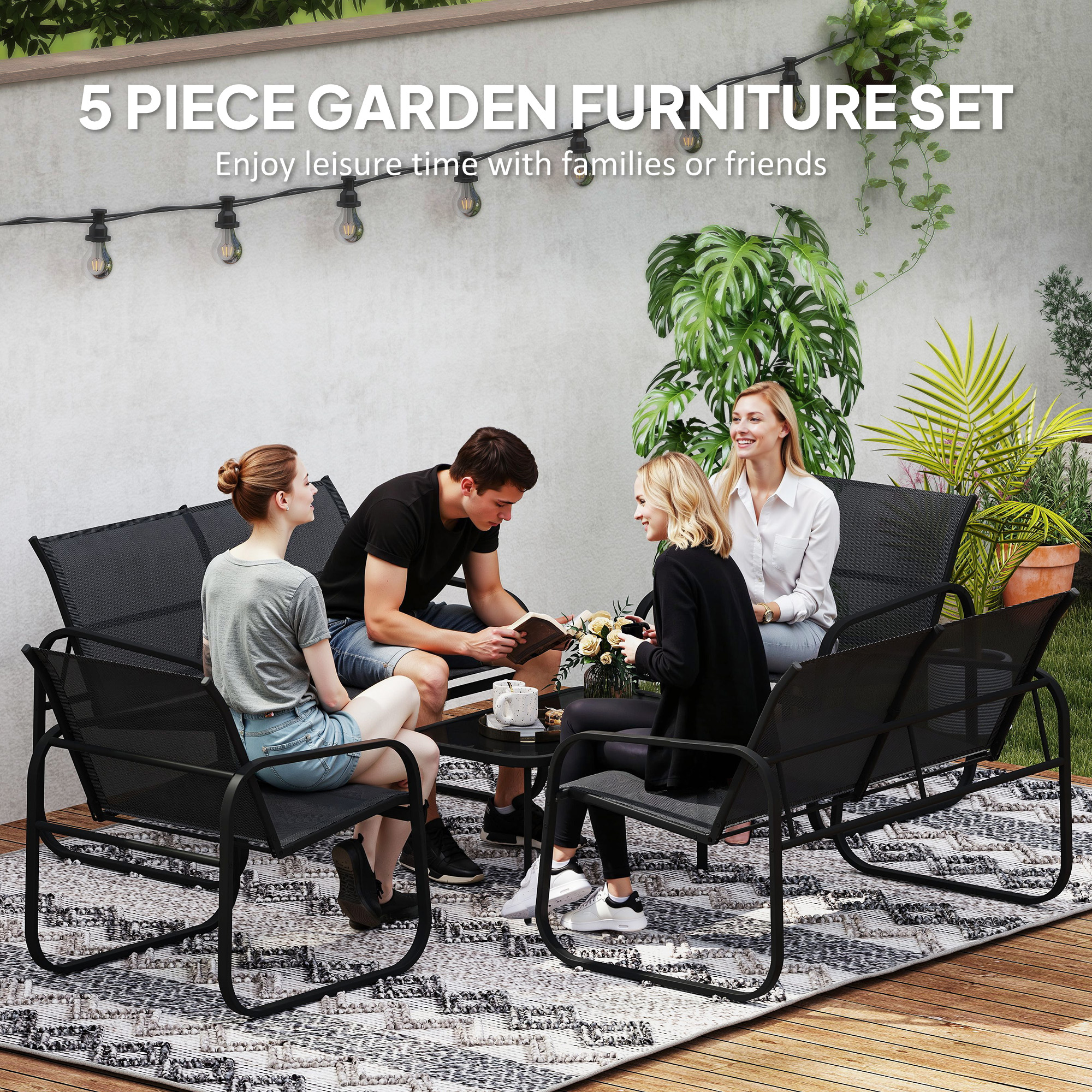 5-Piece Patio Furniture Set, Outdoor Conversation Set with 2 Loveseats, 2 Armchairs, Glass-Top Table, Black - Image 2